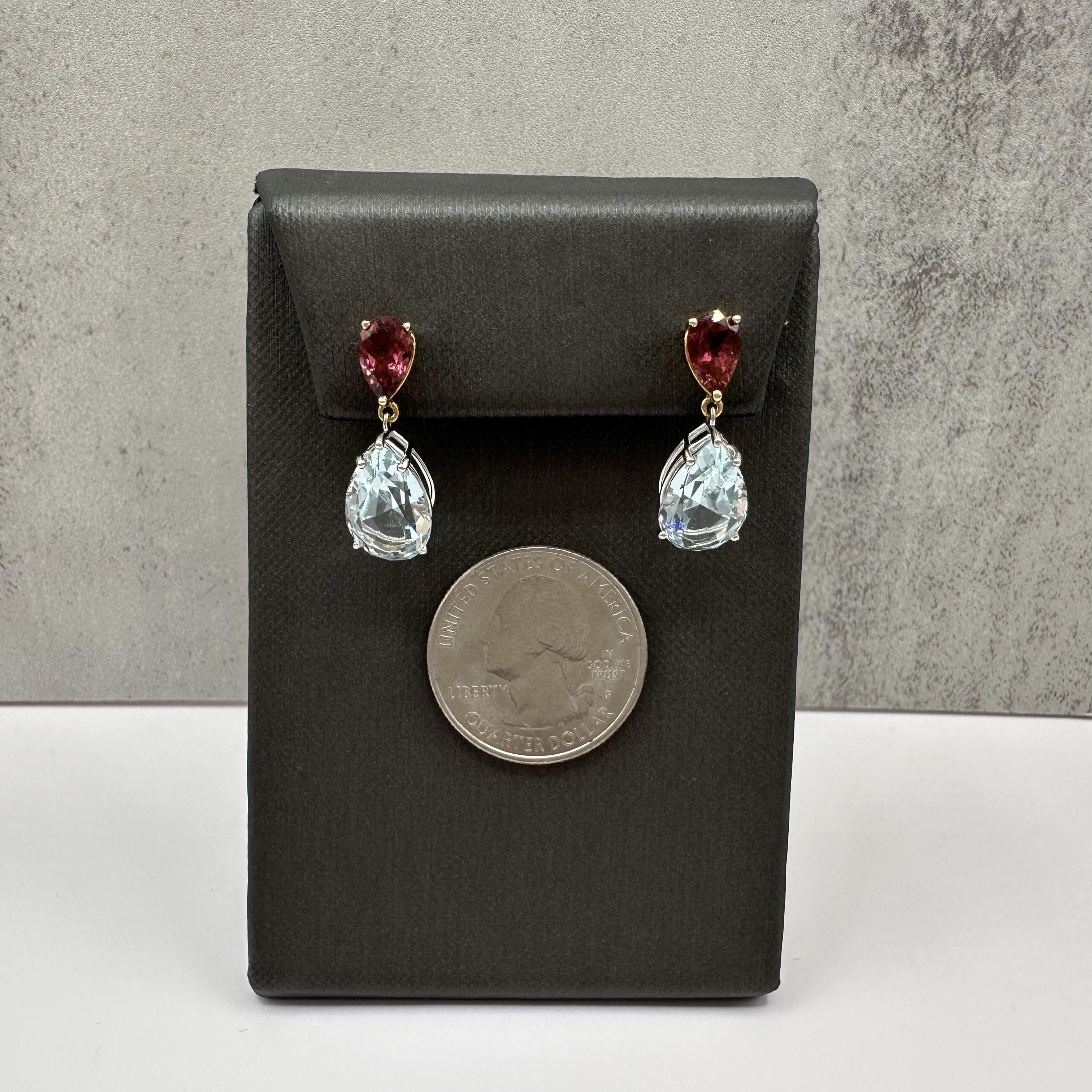 14K Two Tone Gold Aquamarine Rubellite Earrings 9.25ctw Pear
