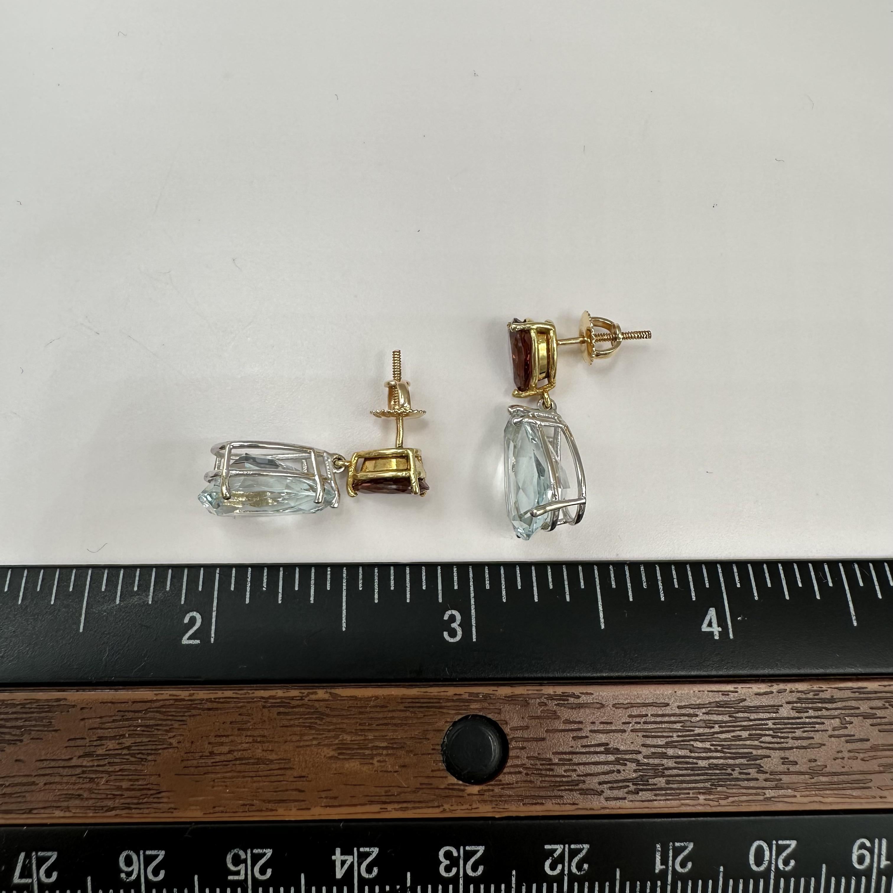14K Two Tone Gold Aquamarine Rubellite Earrings 9.25ctw Pear