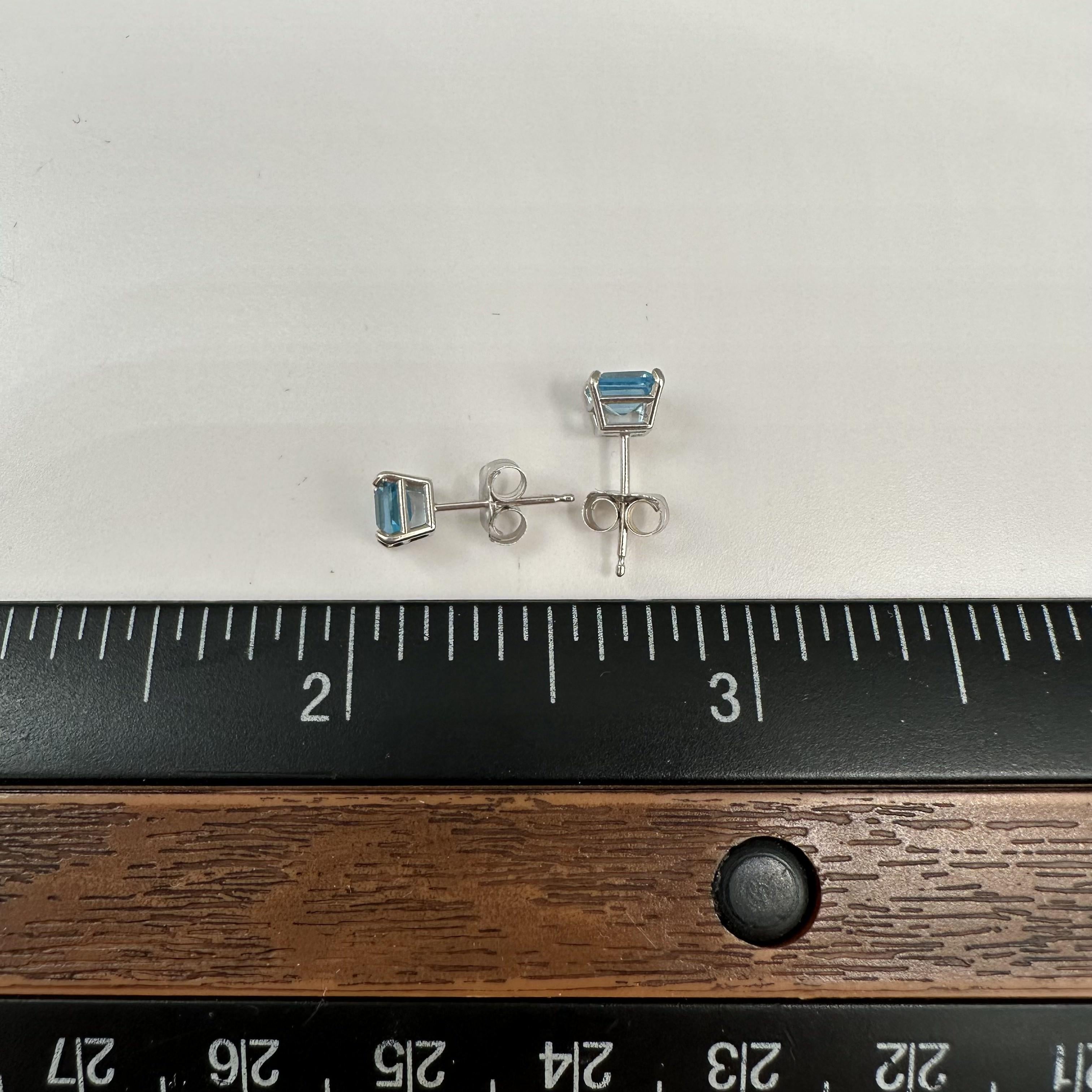 Blue Topaz Stud Earrings 14kt White Gold 4mm Emerald Cut Estate