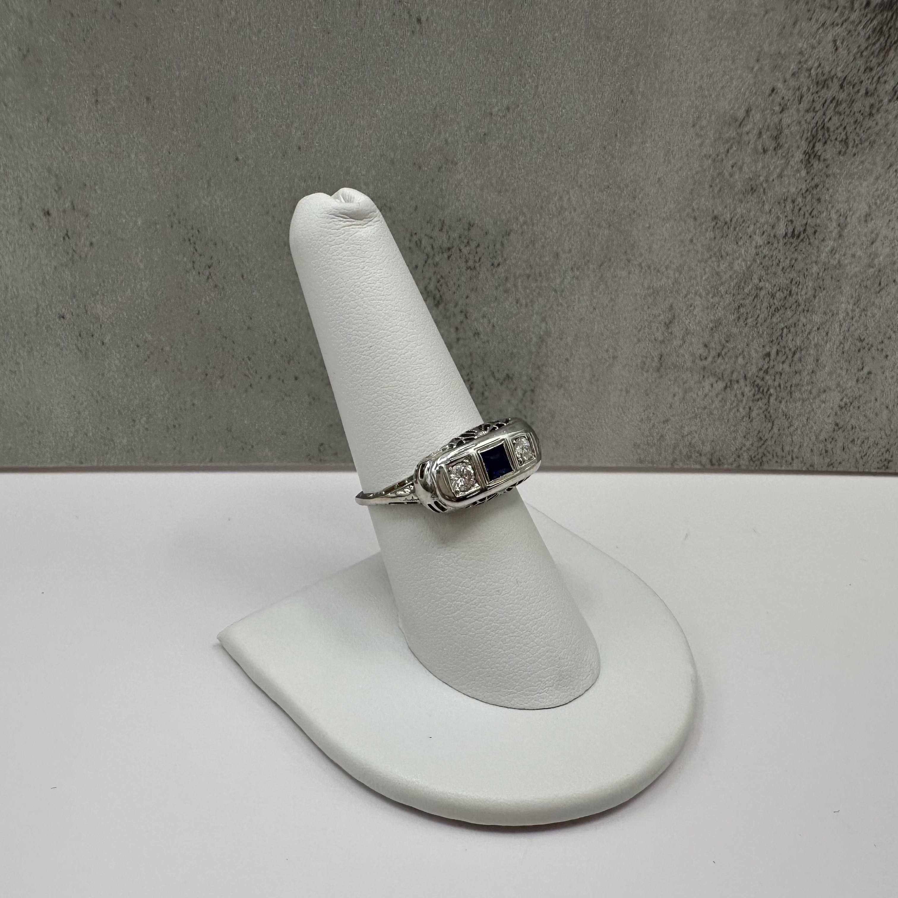 Vintage 3 Stone Diamond Sapphire Ring 18K White Gold Size 7.75