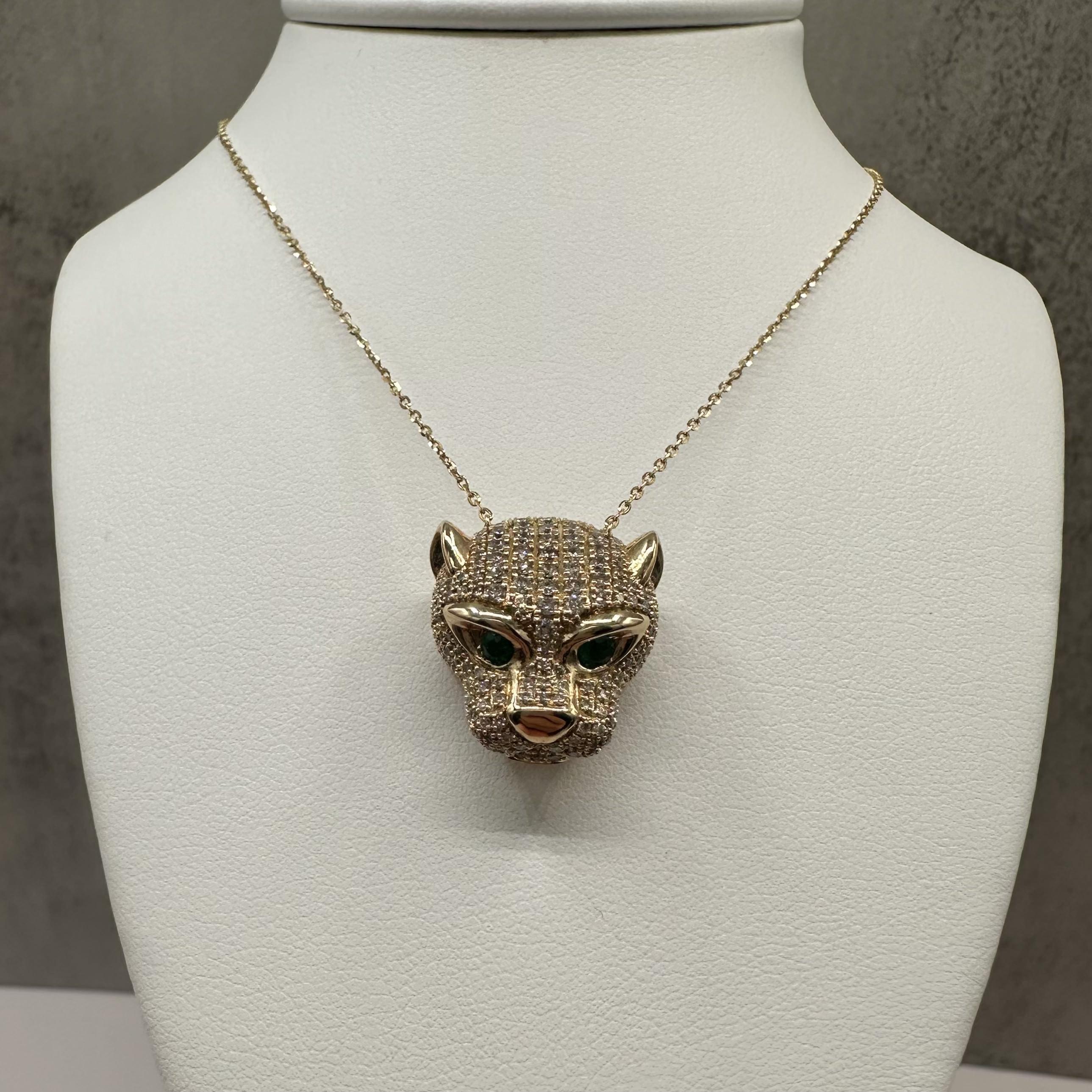Diamond Emerald Panther Head Necklace 14K Yellow Gold 1.10ctw Diamonds
