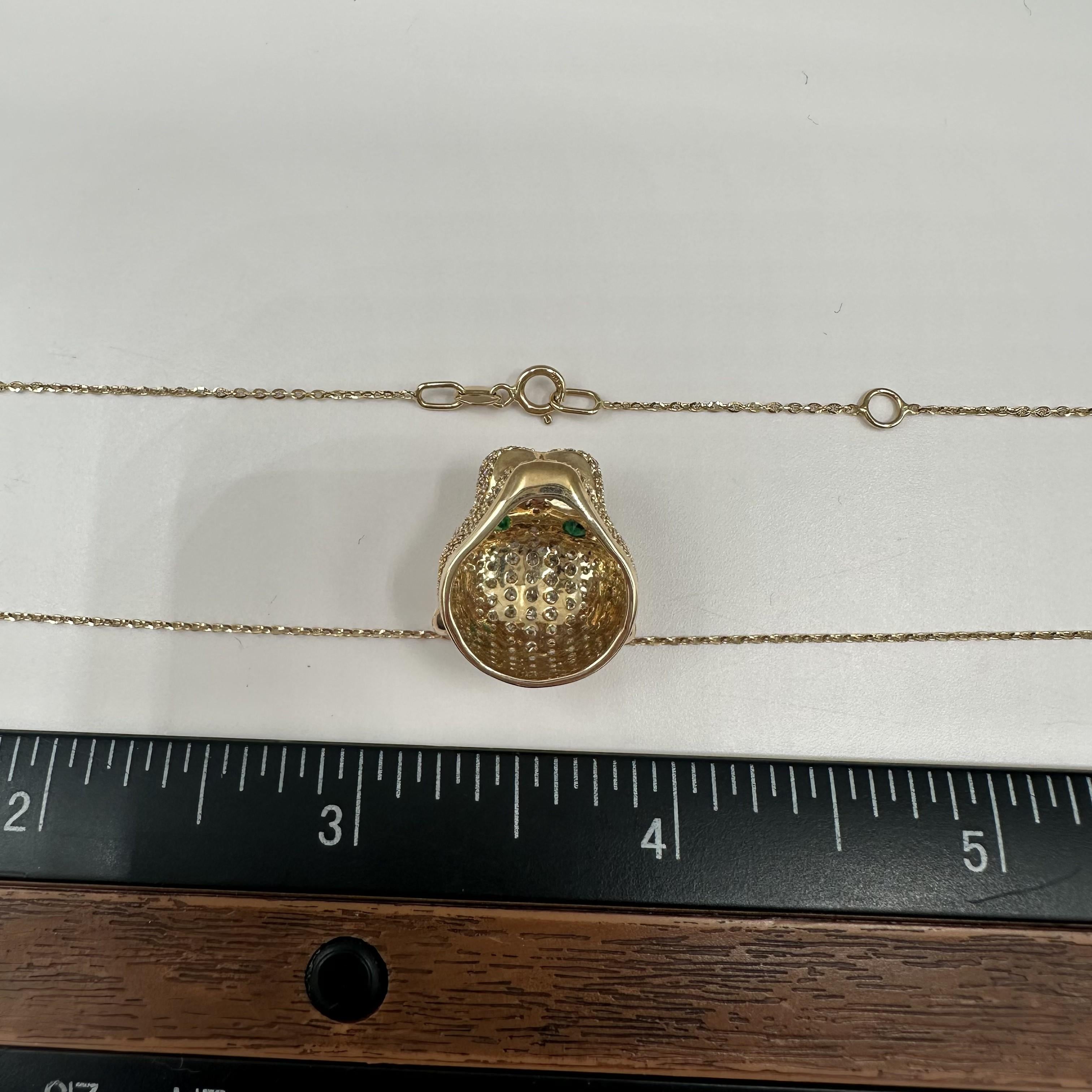 Diamond Emerald Panther Head Necklace 14K Yellow Gold 1.10ctw Diamonds