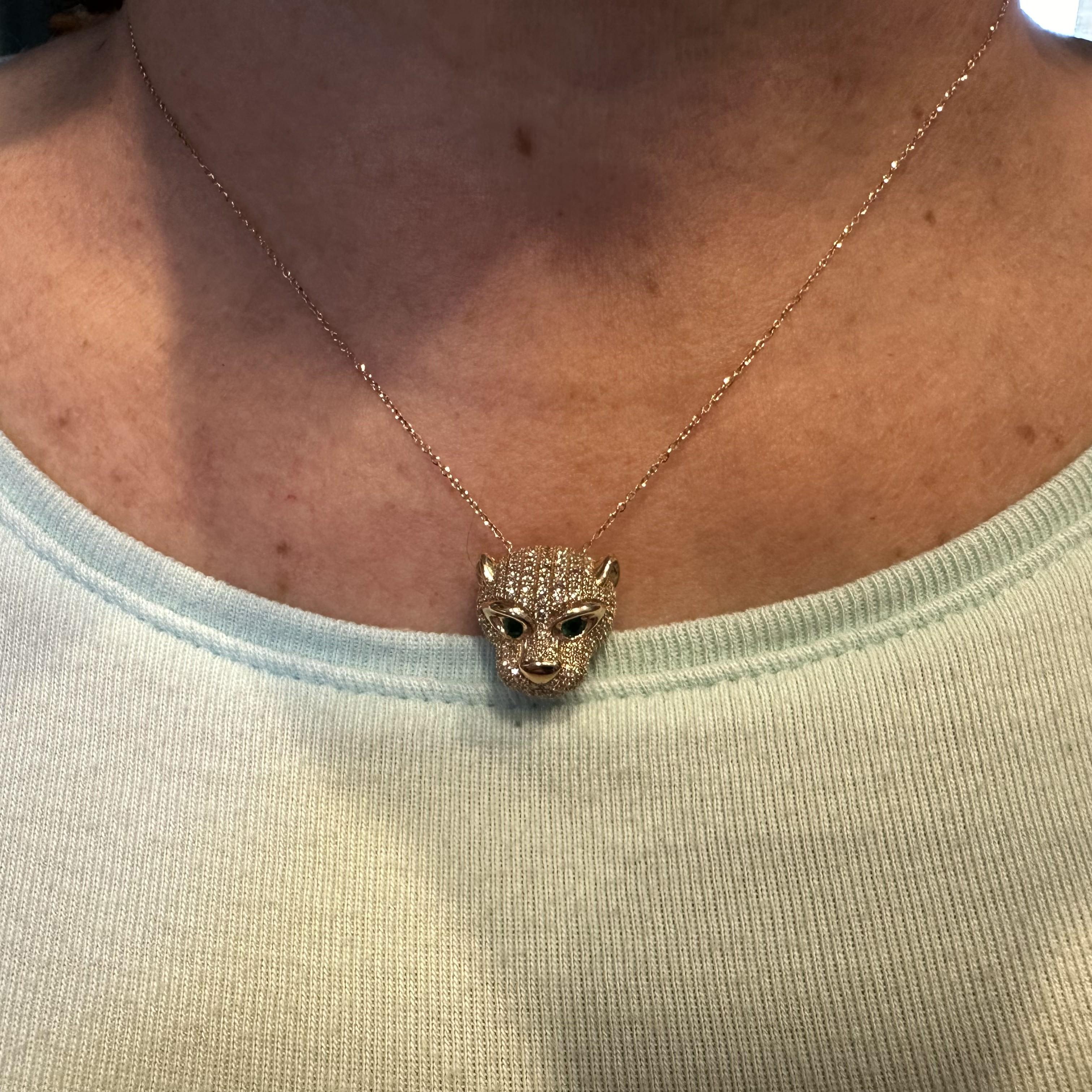 Diamond Emerald Panther Head Necklace 14K Yellow Gold 1.10ctw Diamonds