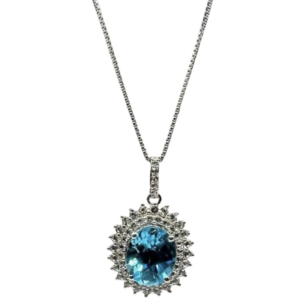 Blue Topaz Necklace Sterling Silver 10x8mm 0.40ctw White Topaz 18in