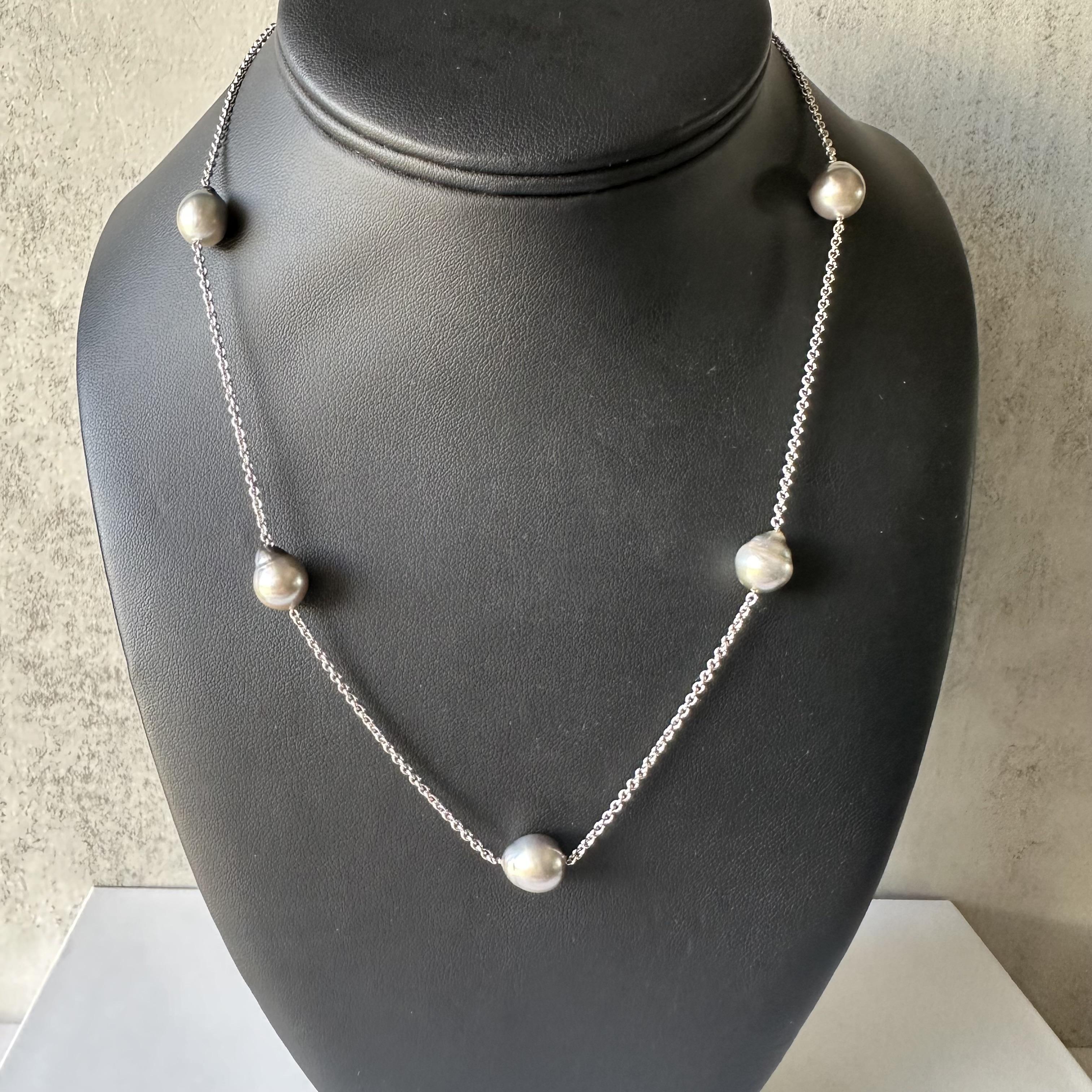Estate Gray Silvery Pearl Station Necklace 14K White Gold Pre Loved