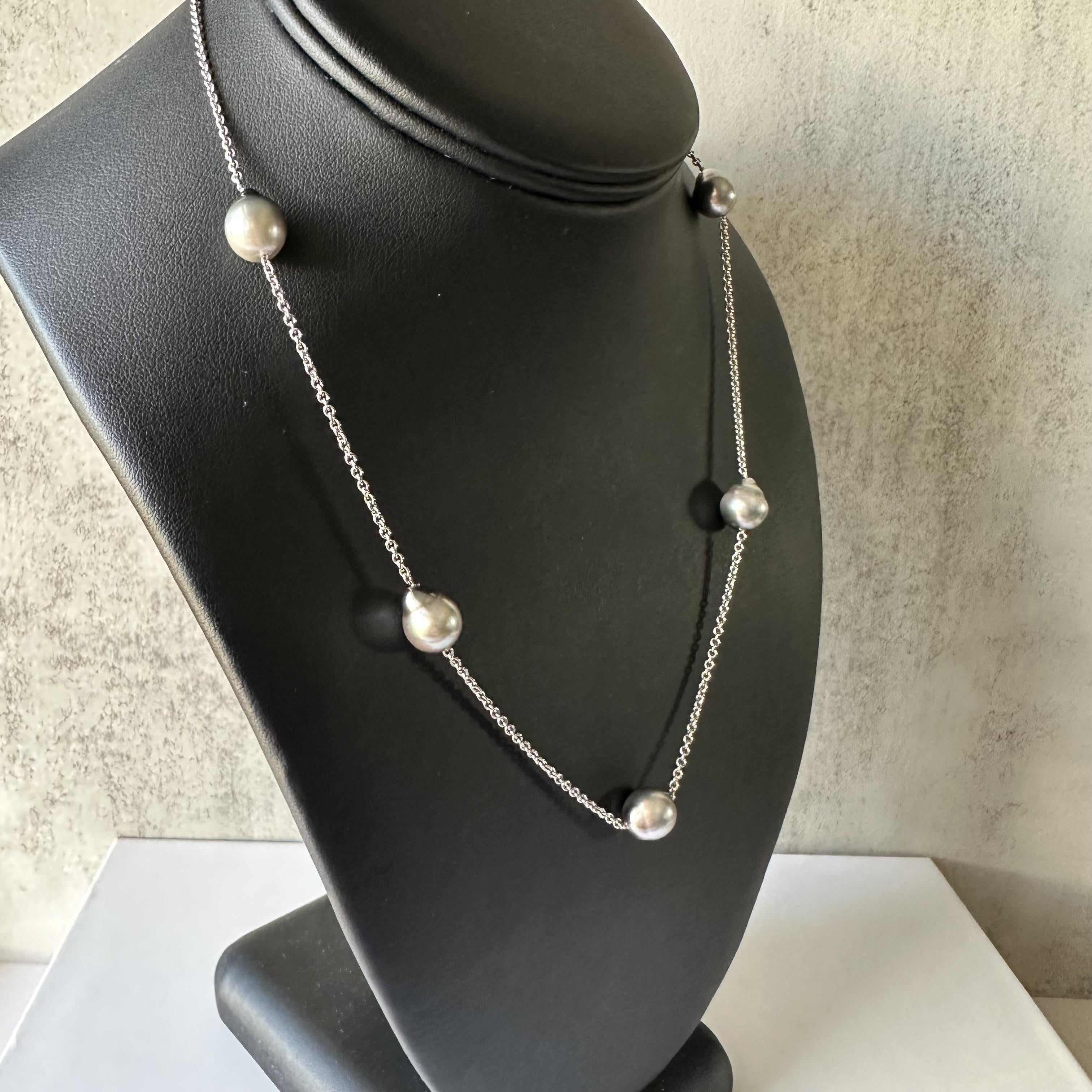 Estate Gray Silvery Pearl Station Necklace 14K White Gold Pre Loved