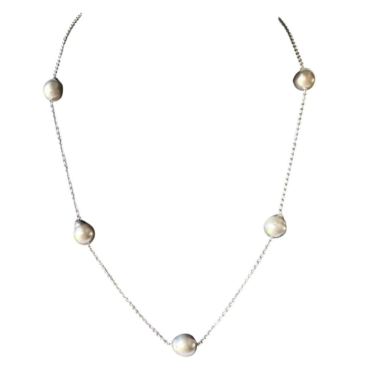 Estate Gray Silvery Pearl Station Necklace 14K White Gold Pre Loved
