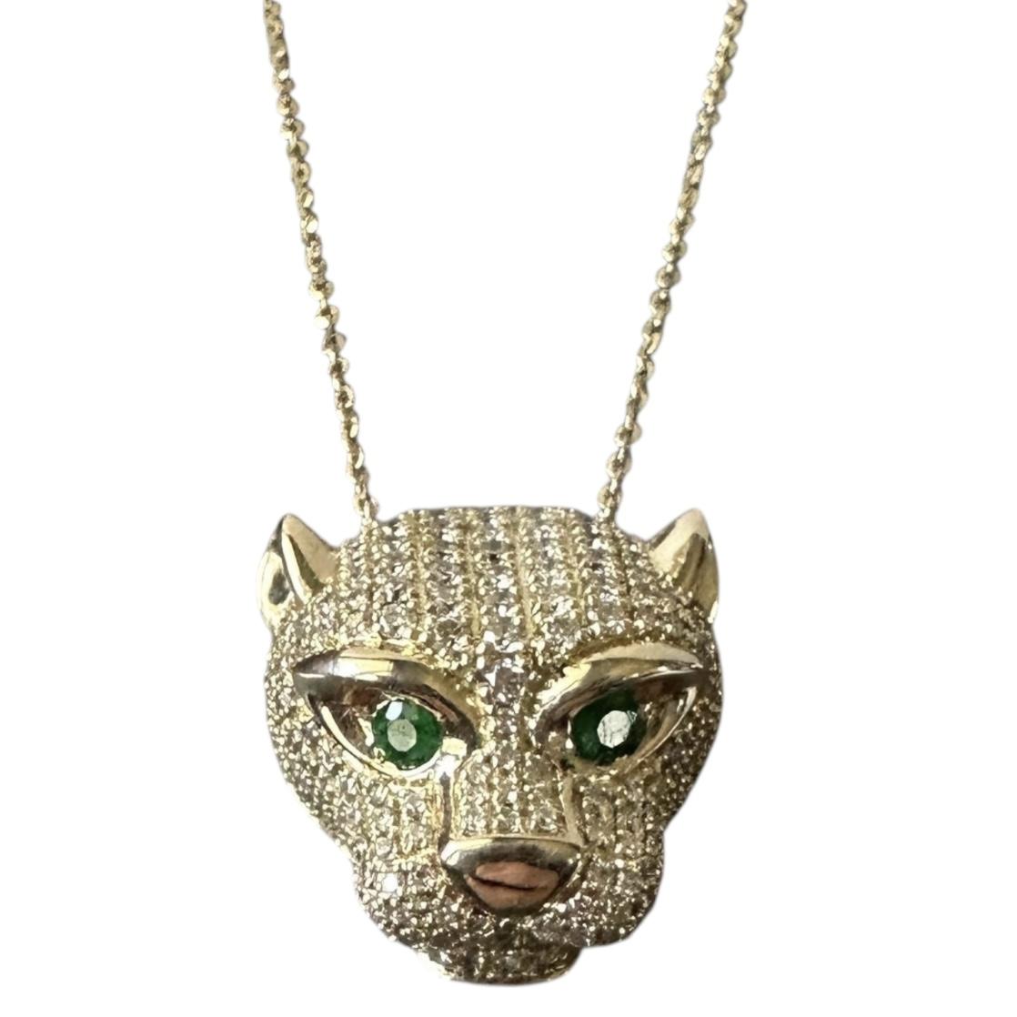 Diamond Emerald Panther Head Necklace 14K Yellow Gold 1.10ctw Diamonds