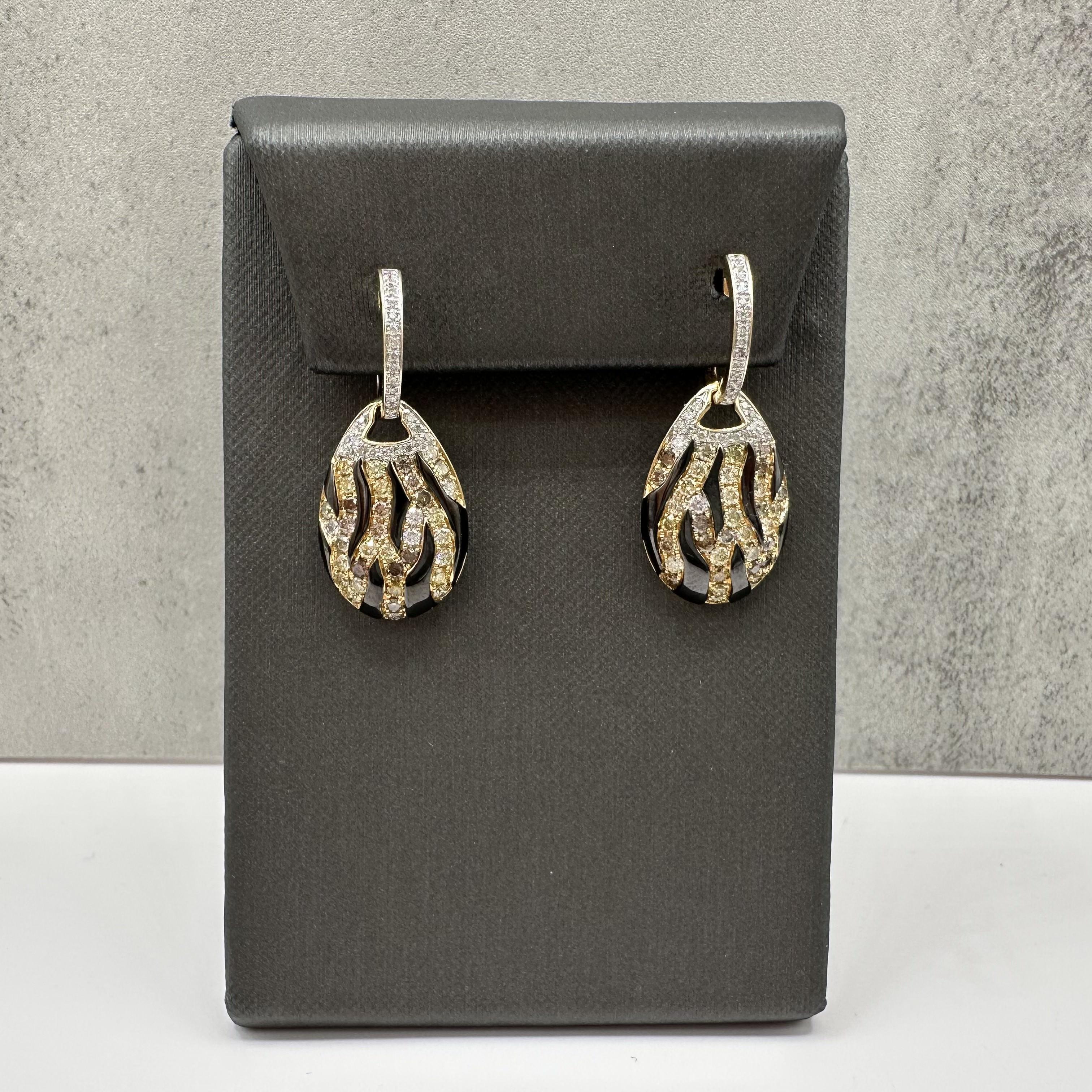 Diamond Enamel Animal Stripe Drop Earrings 14kt Yellow Gold 1.25ctw