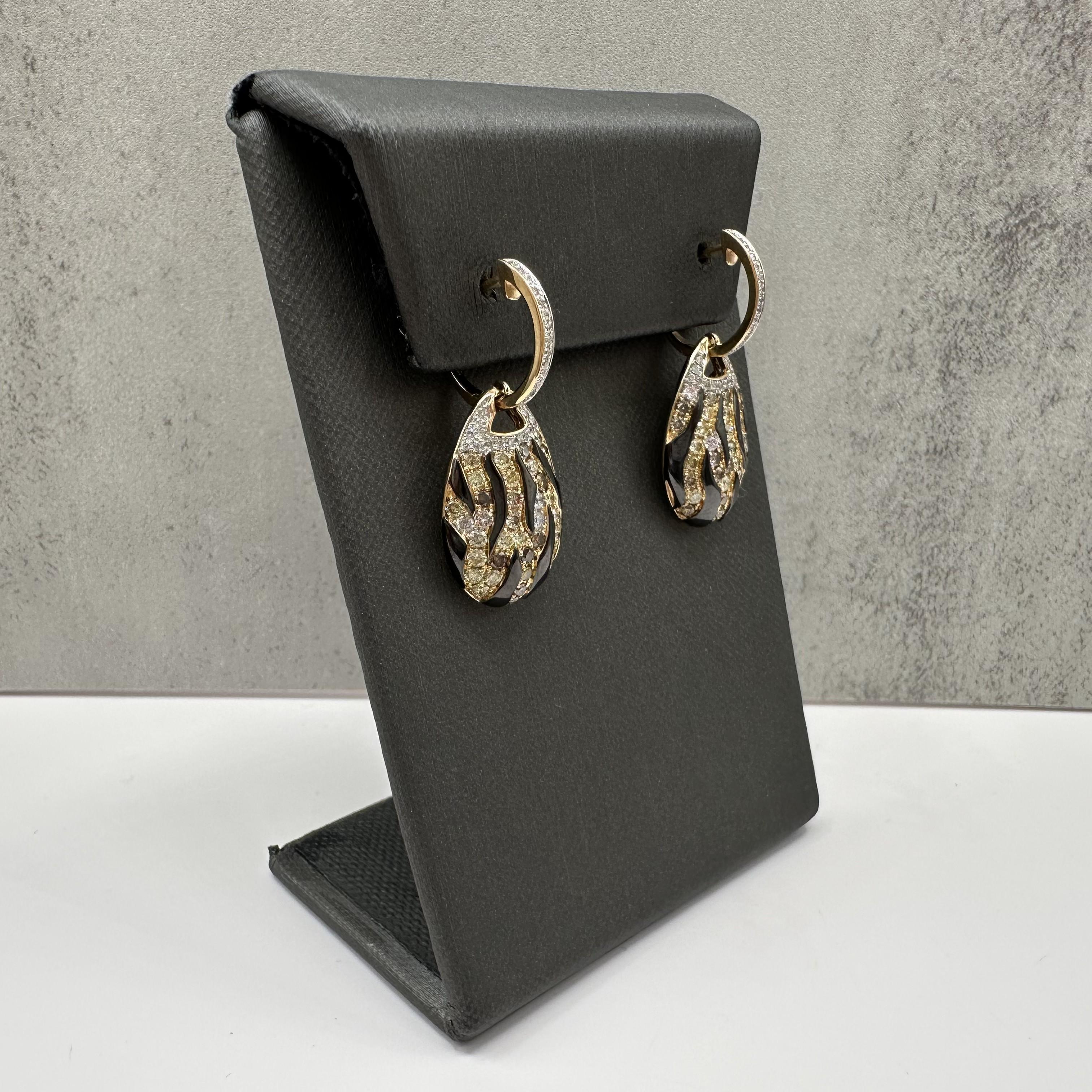 Diamond Enamel Animal Stripe Drop Earrings 14kt Yellow Gold 1.25ctw