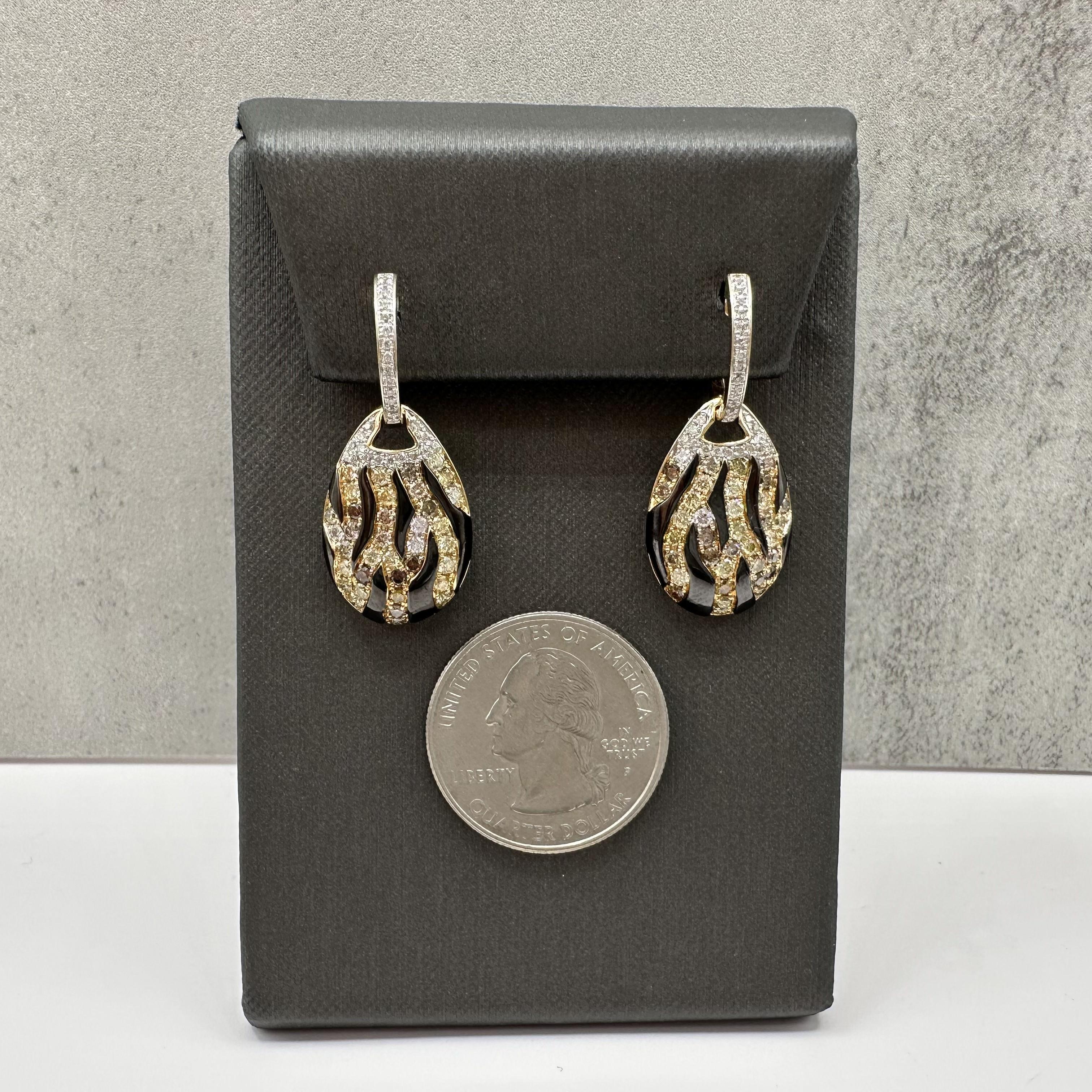 Diamond Enamel Animal Stripe Drop Earrings 14kt Yellow Gold 1.25ctw