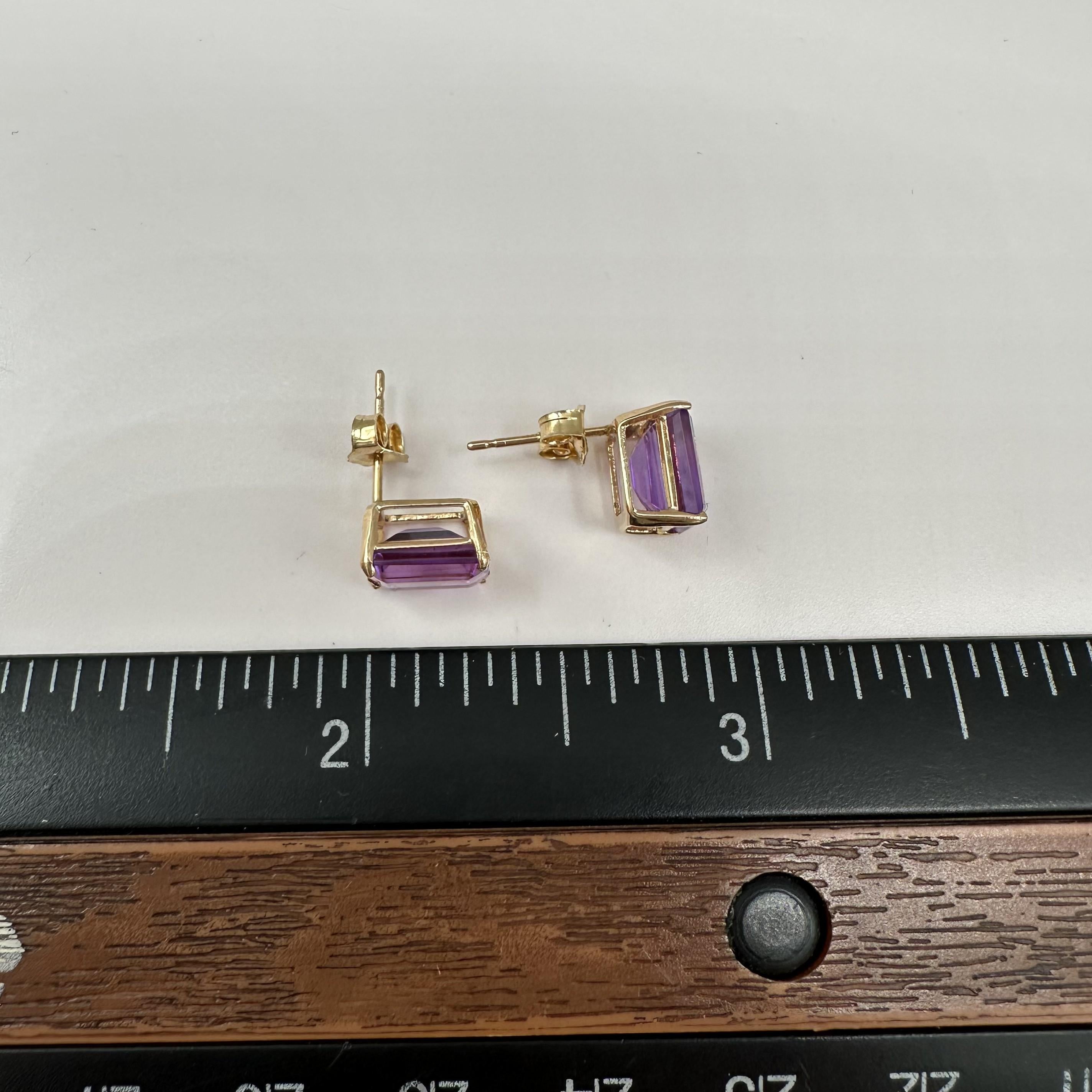 Amethyst Stud Earrings 14kt Yellow Gold 8x6mm Emerald Cut Estate