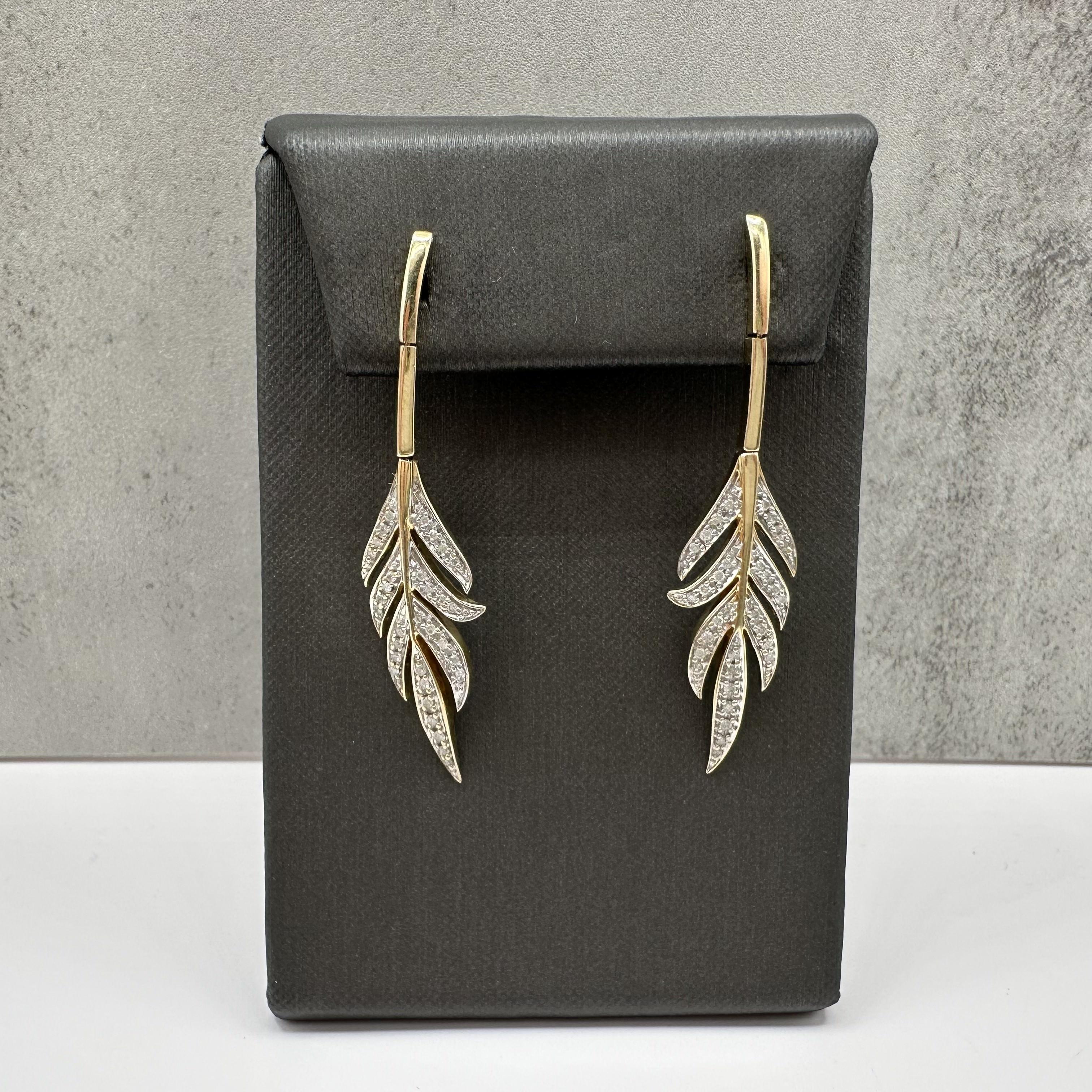 Diamond Leaf Dangle Earrings 14kt Yellow Gold 0.31ctw 2.1in 6.9g