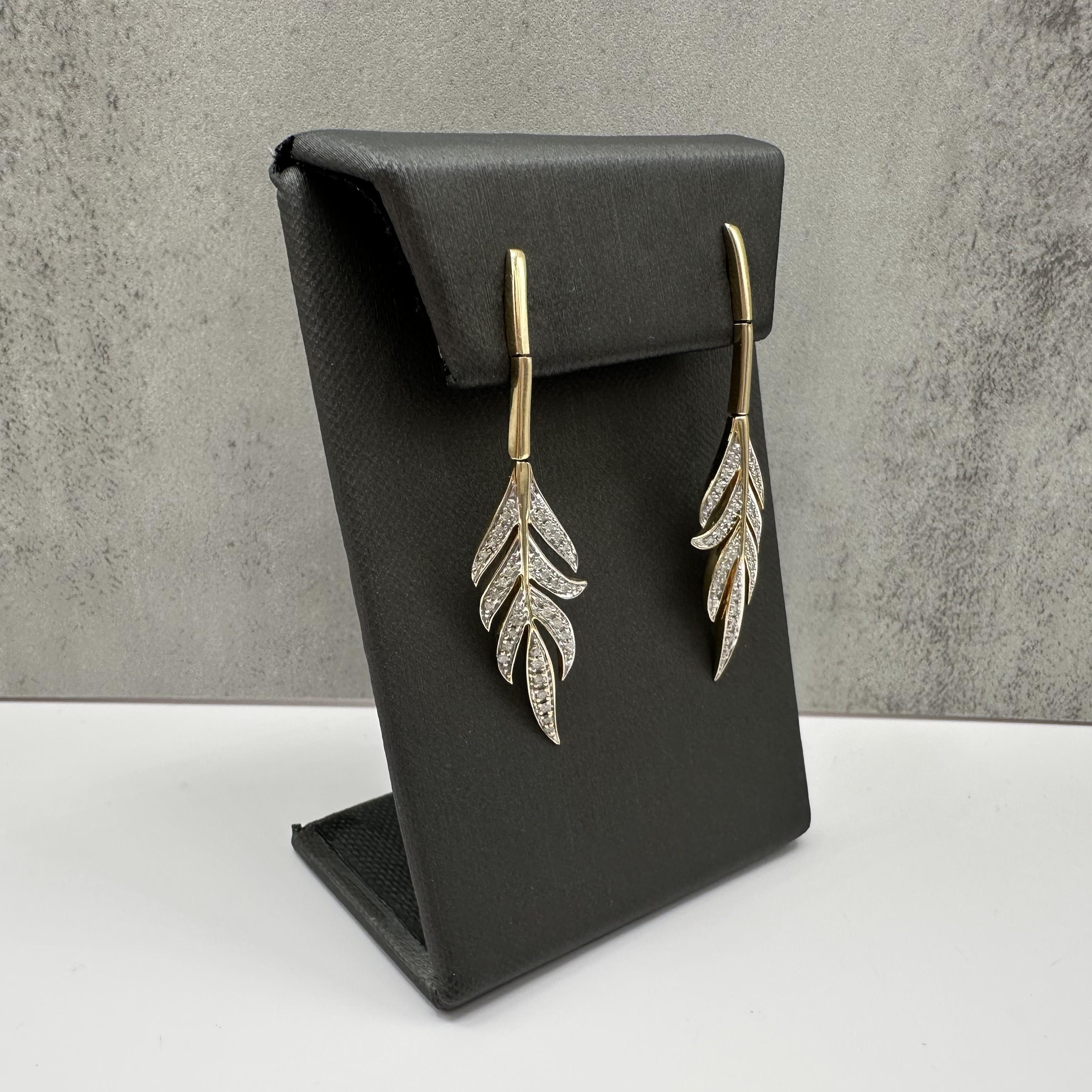 Diamond Leaf Dangle Earrings 14kt Yellow Gold 0.31ctw 2.1in 6.9g