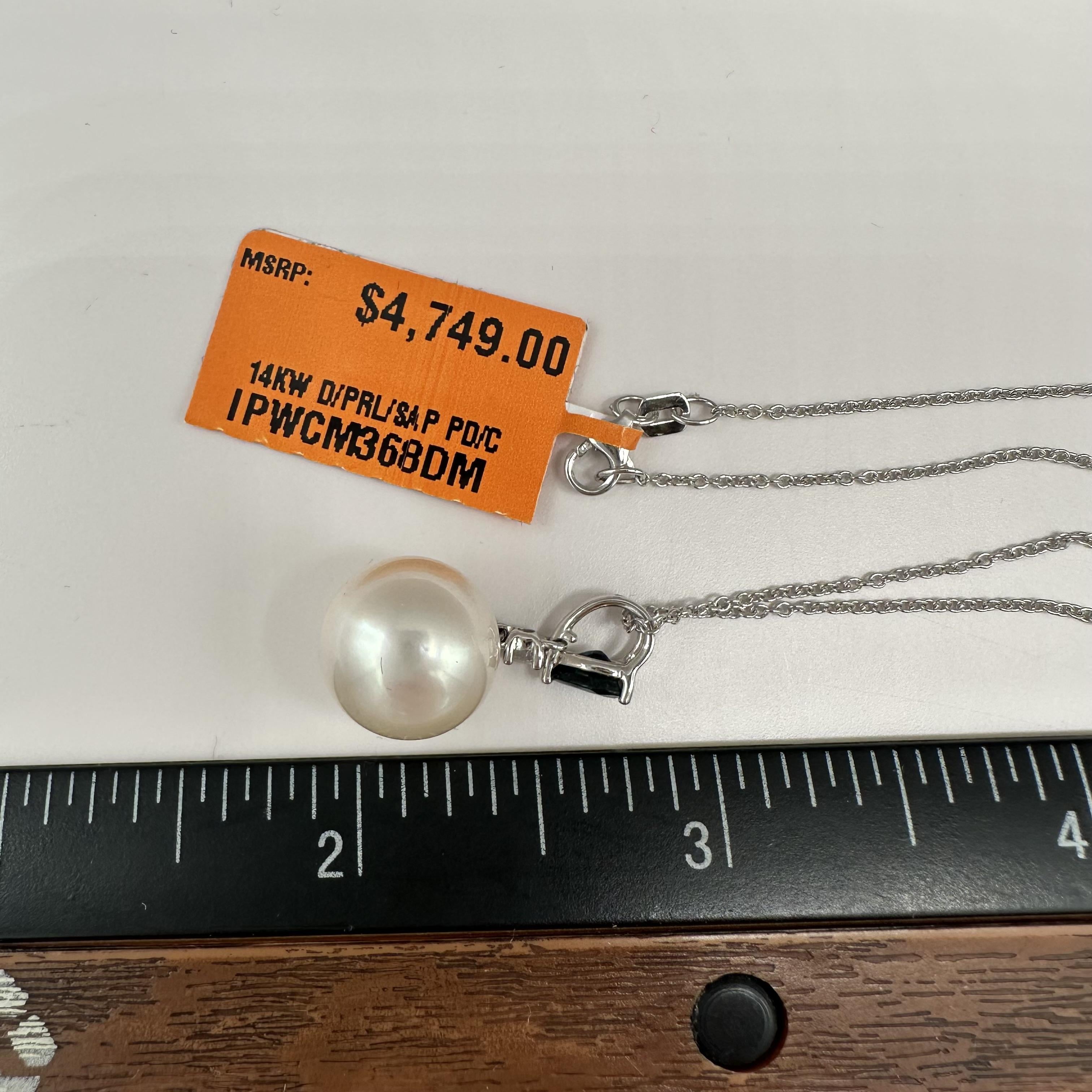 Designer Effy Pearl Sapphire Diamond Necklace 14kt White Gold NWT