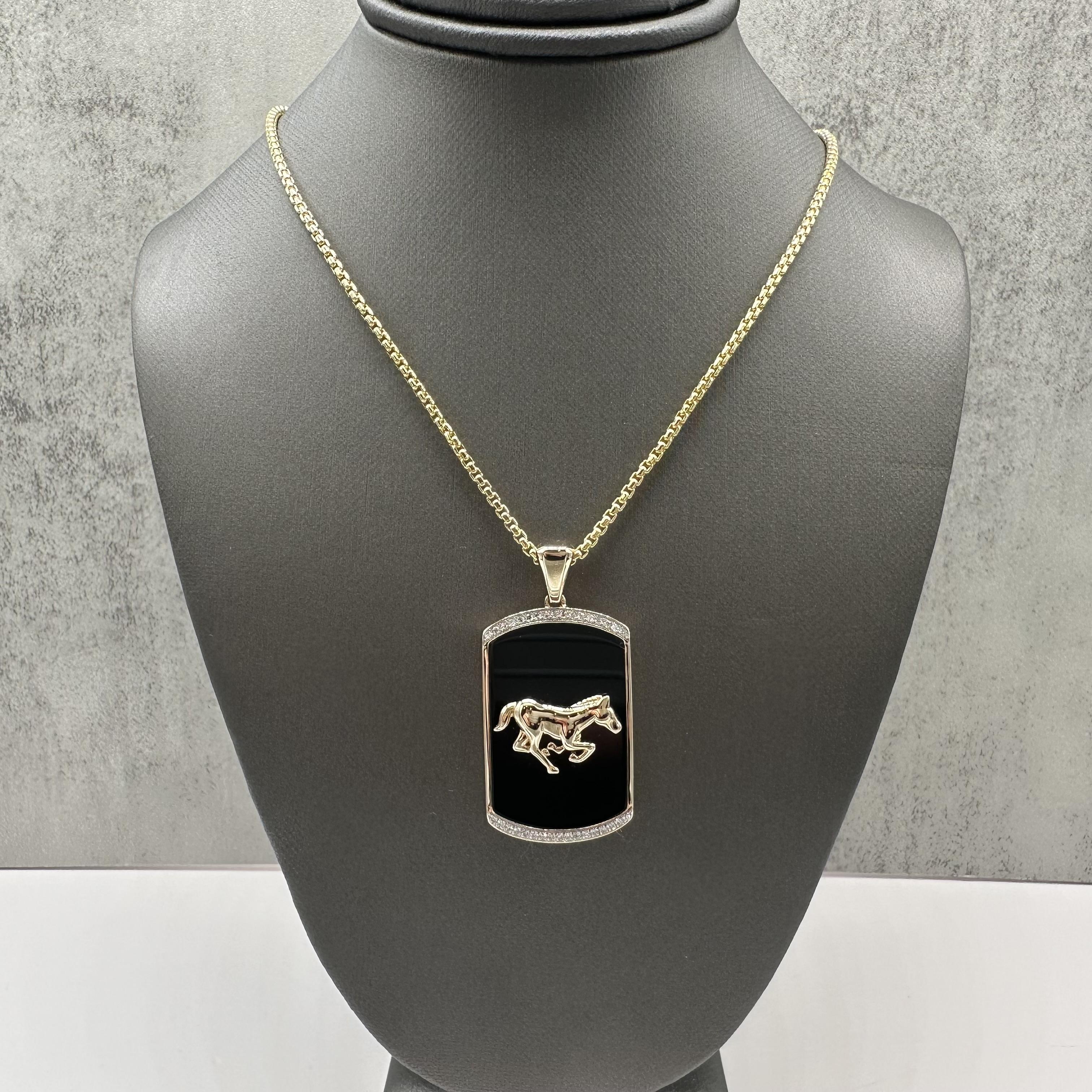Designer Effy Mens Onyx Diamond Horse Pendant 14kt Gold 22in NWT