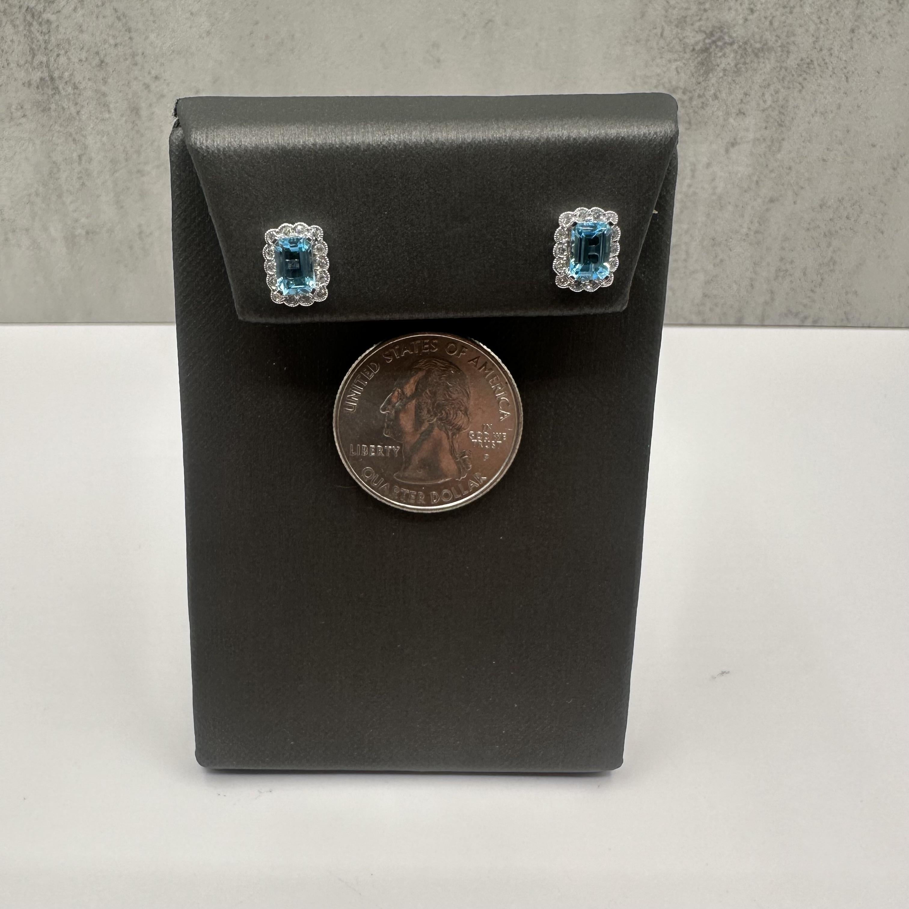 Blue Topaz Diamond Earrings 10K White Gold Emerald Cut 6x4.1mm