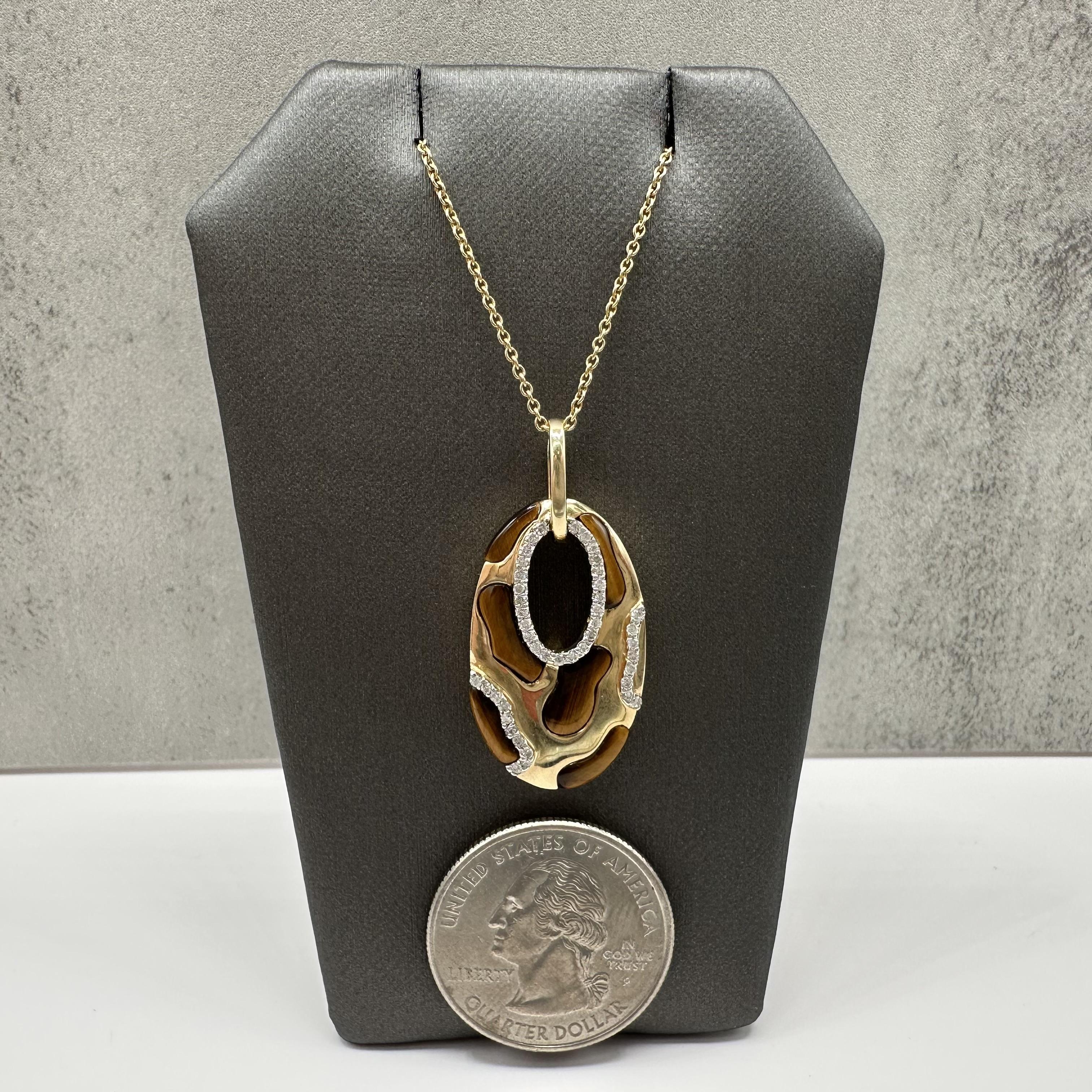 Diamond Tigers Eye Pendant Necklace 14kt Yellow Gold 0.25ctw Estate