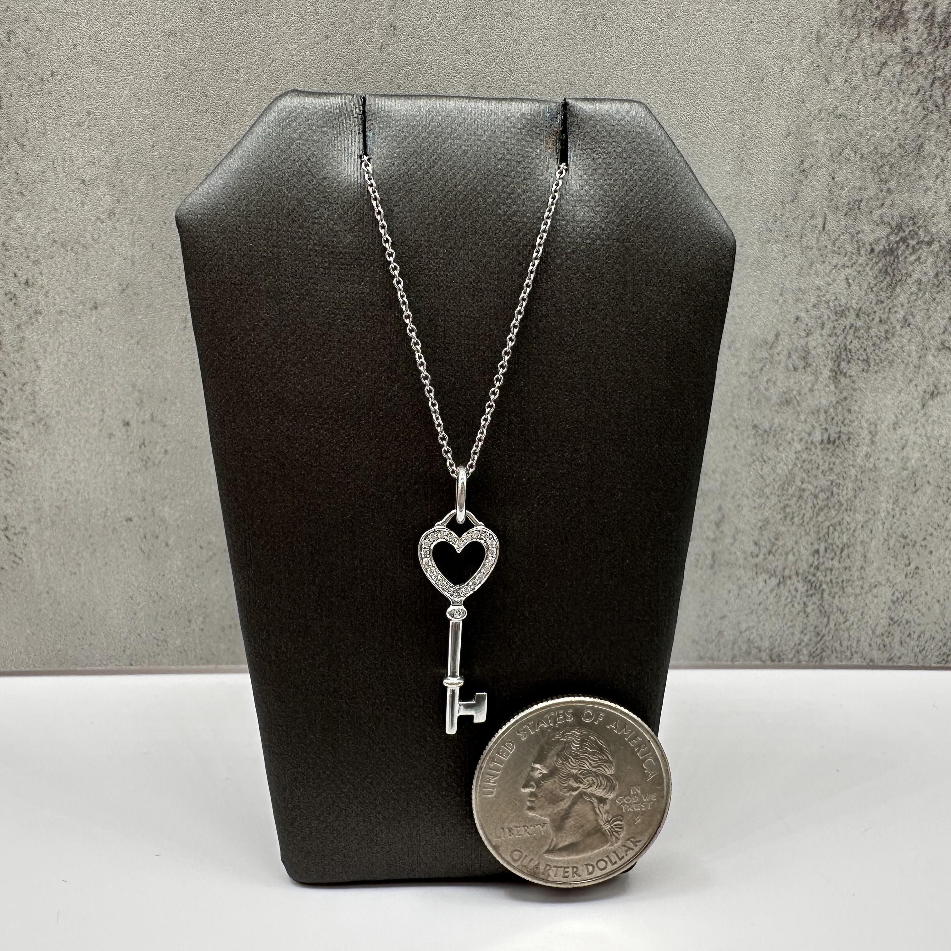 Designer Tiffany Diamond Heart Key Necklace 18kt White Gold 0.12ctw