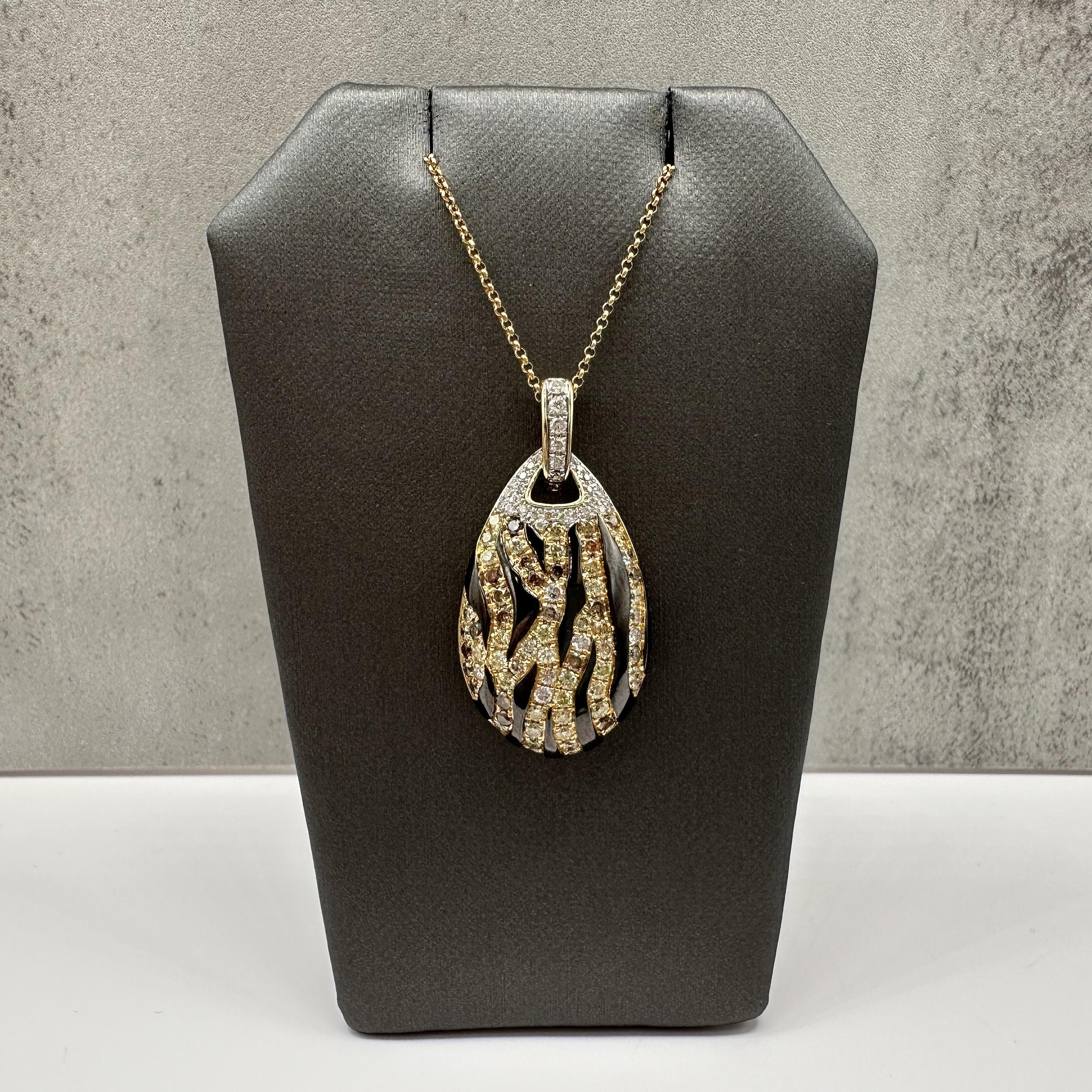 Diamond Enamel Animal Stripe Pendant Necklace 14kt Gold 1.25ctw Estate