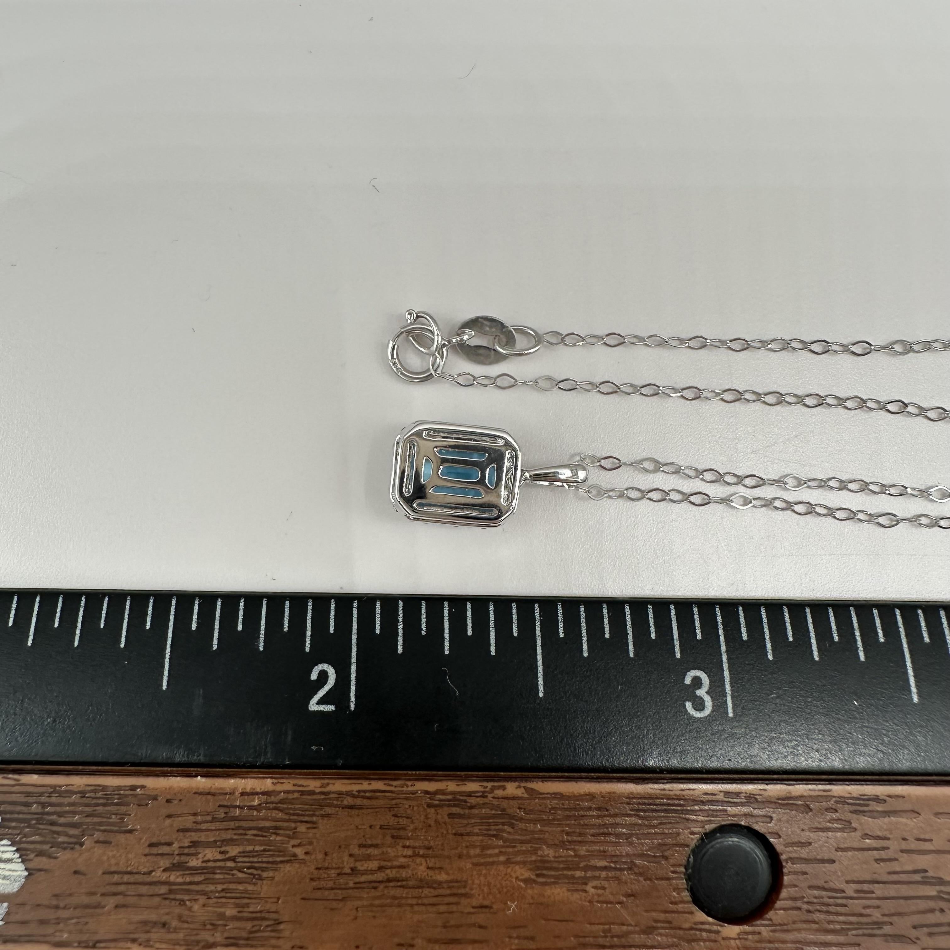 Blue Topaz Diamond Necklace 14kt White Gold Emerald Cut 0.13ctw New