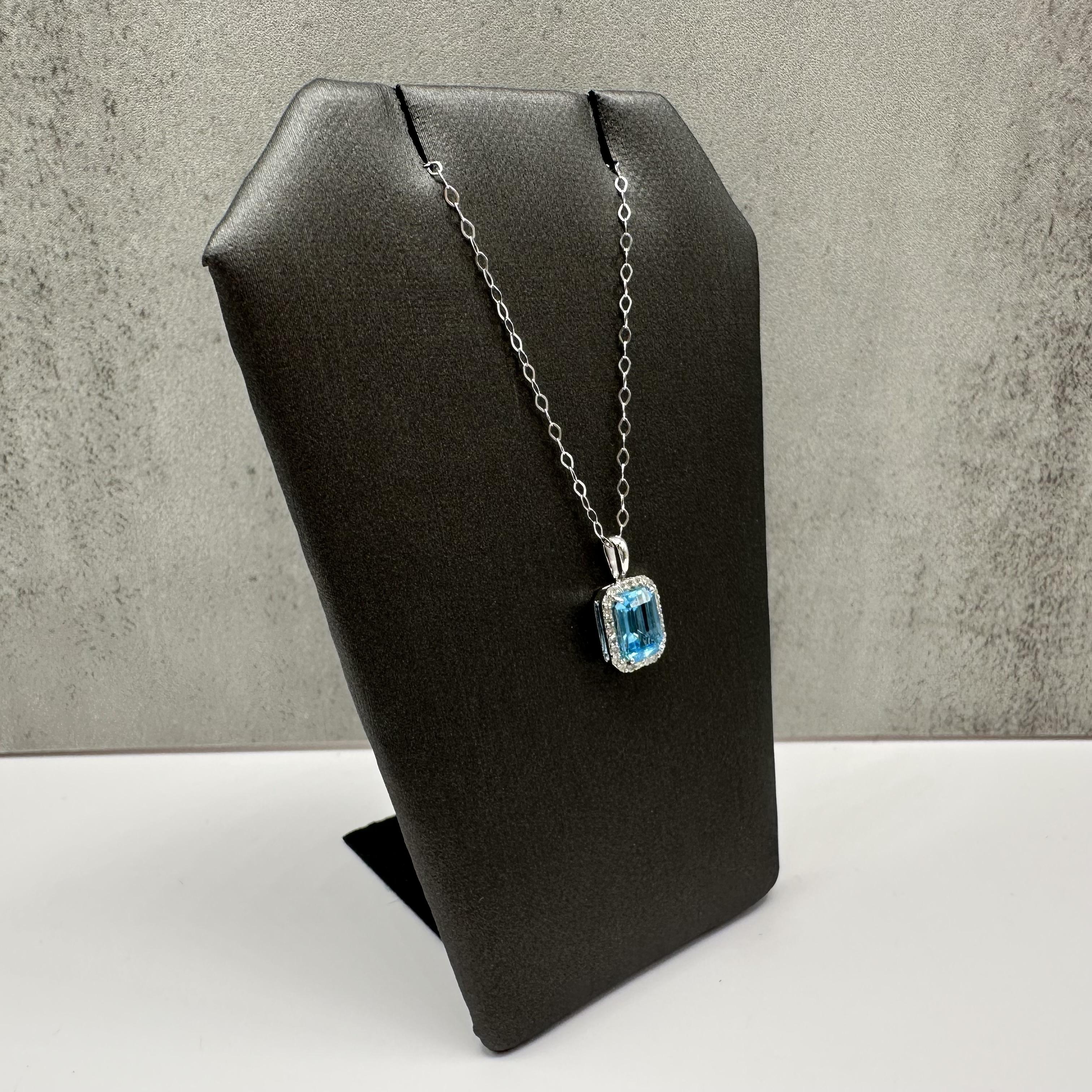 Blue Topaz Diamond Necklace 14kt White Gold Emerald Cut 0.13ctw New