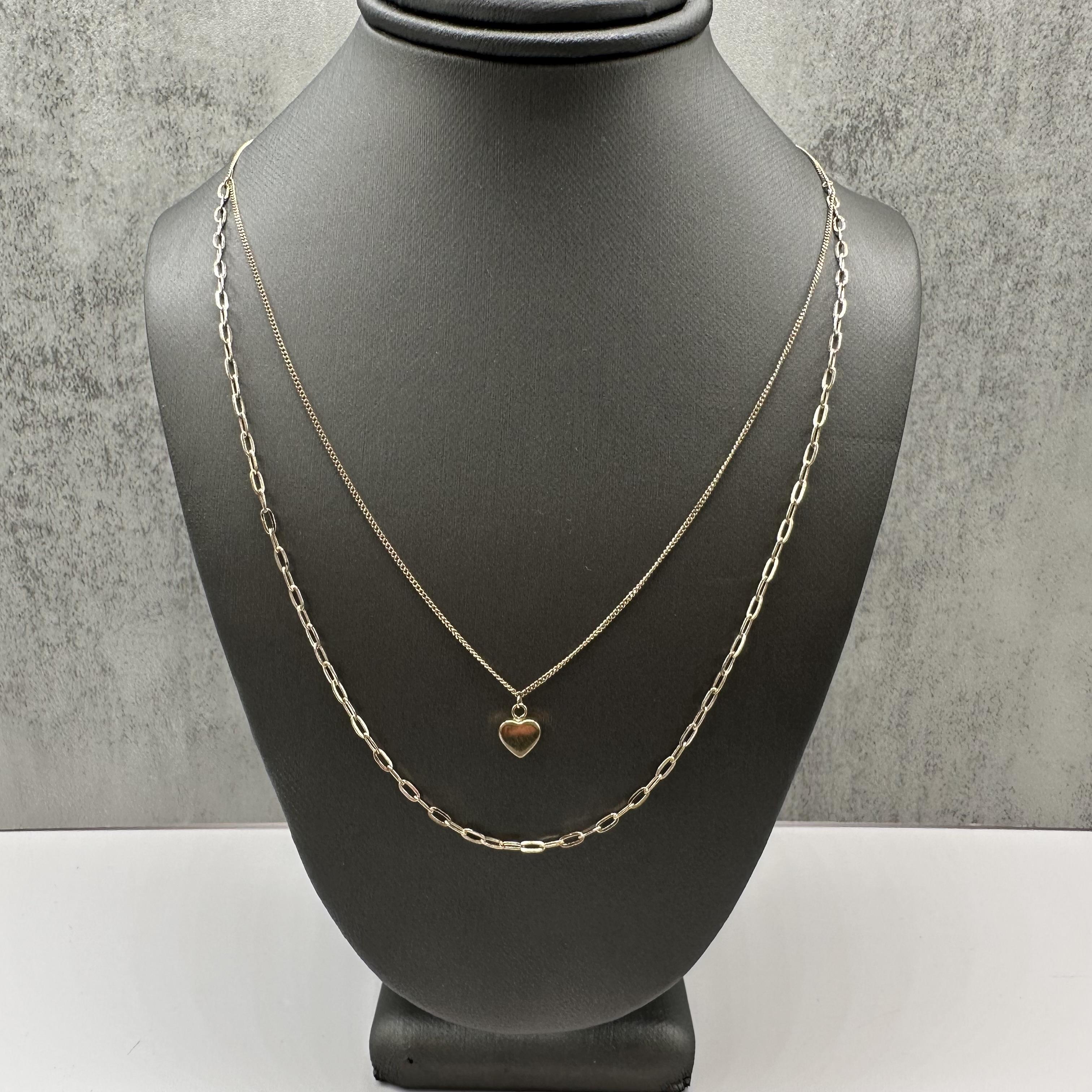 Two Layer Heart Necklace 10kt Yellow Gold Paperclip Chain New