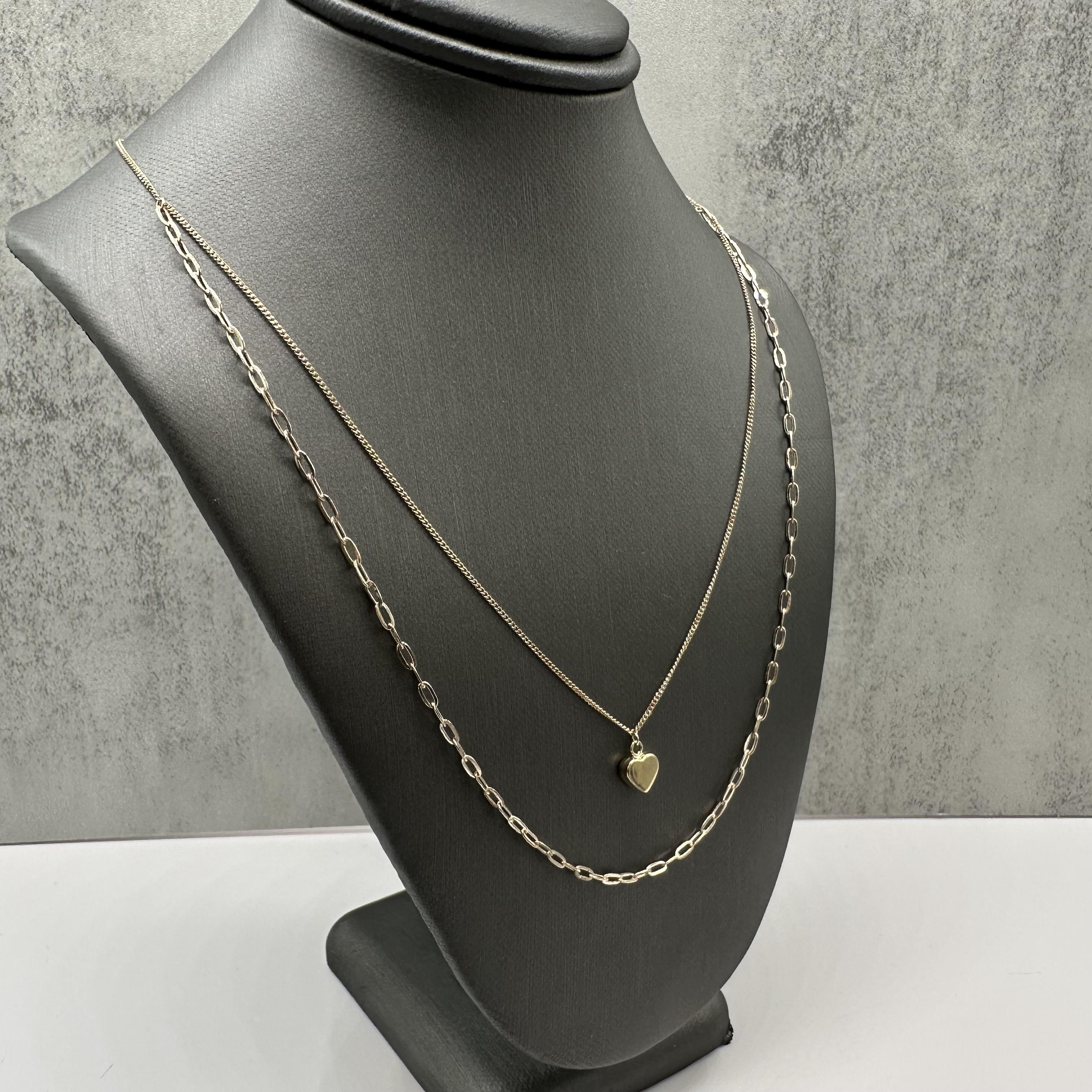 Two Layer Heart Necklace 10kt Yellow Gold Paperclip Chain New