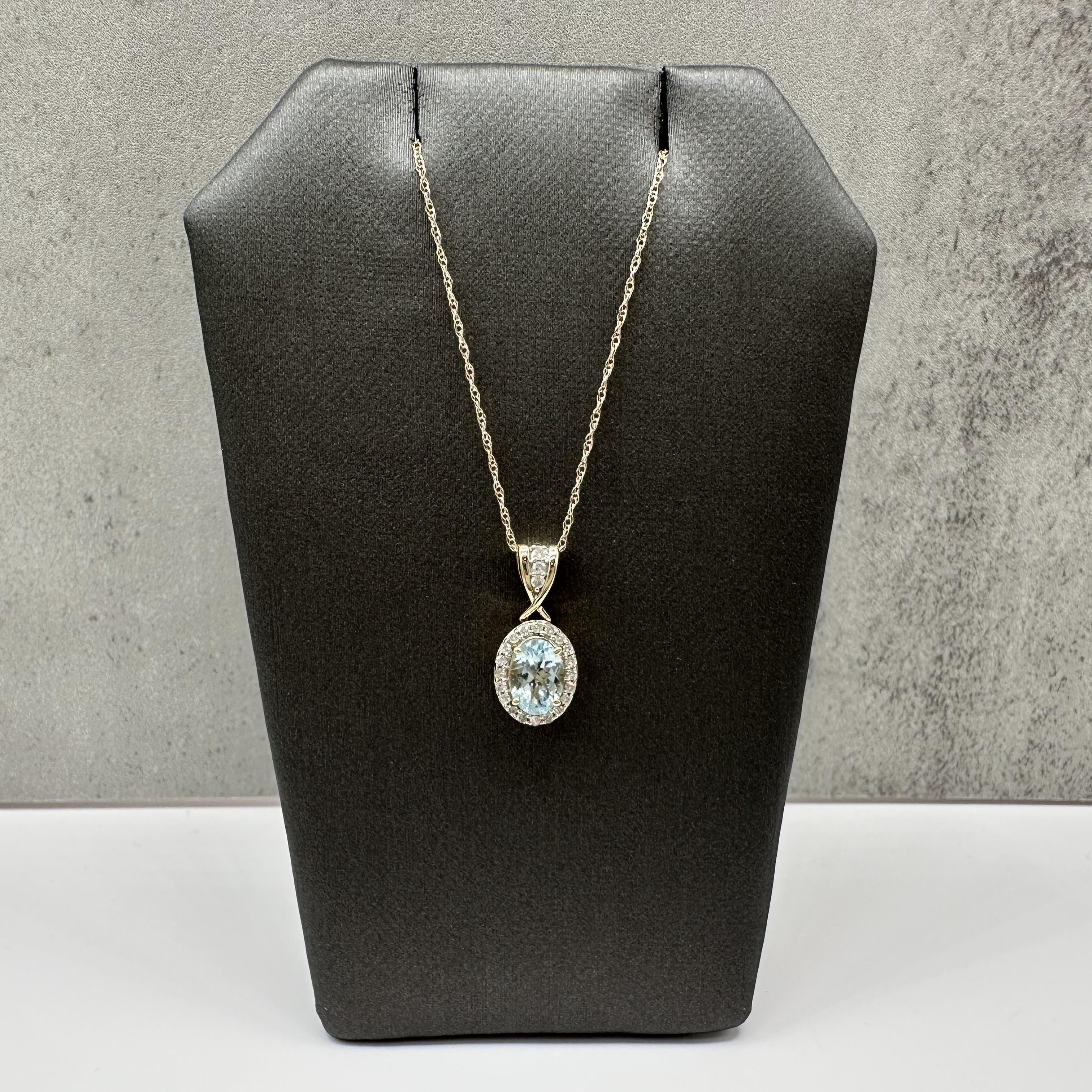Aquamarine Diamond Pendant Necklace 10kt Yellow Gold 0.15ctw 18in New