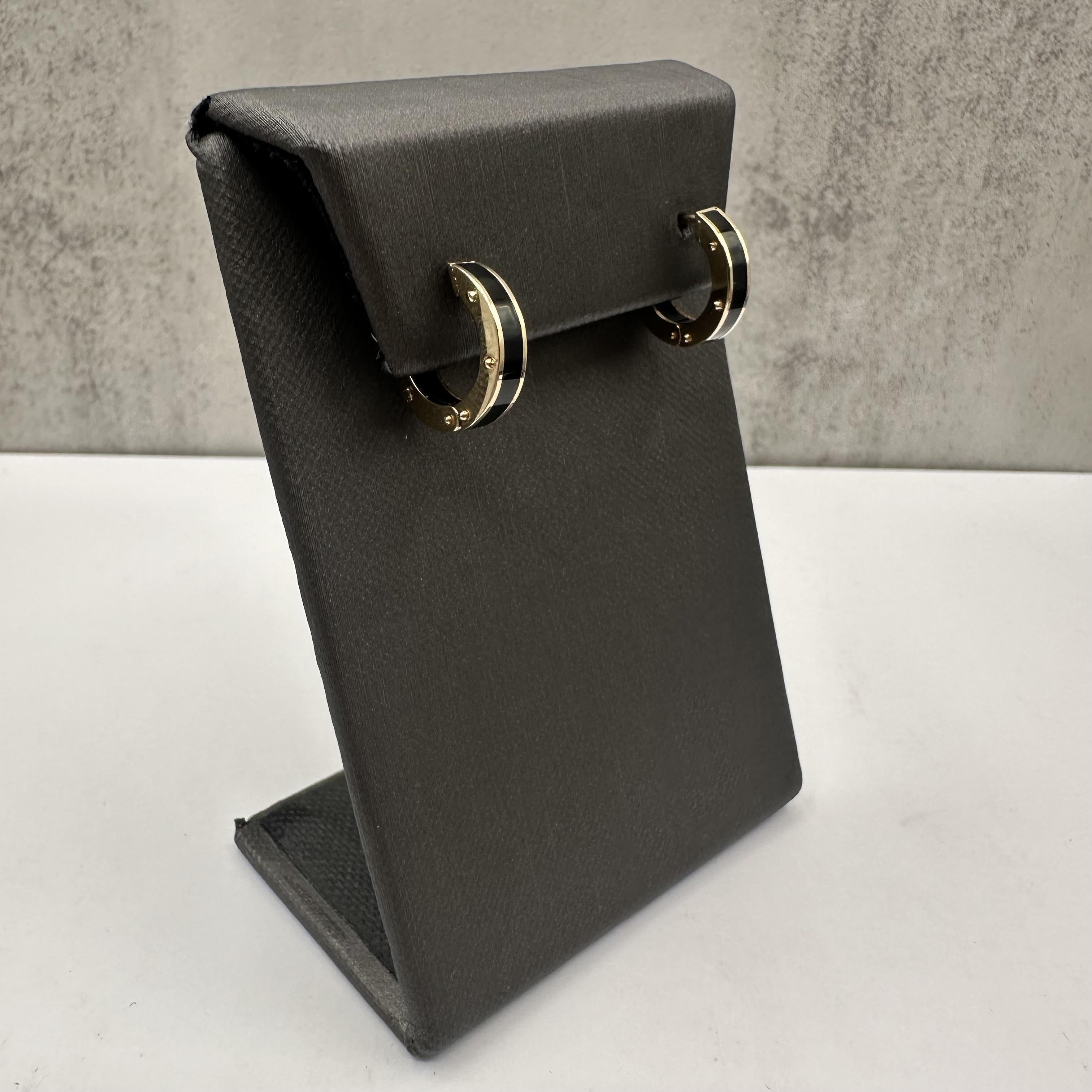Black Enamel Inlay Huggie Earrings 14K Yellow Gold 4.3mm 14.7mm