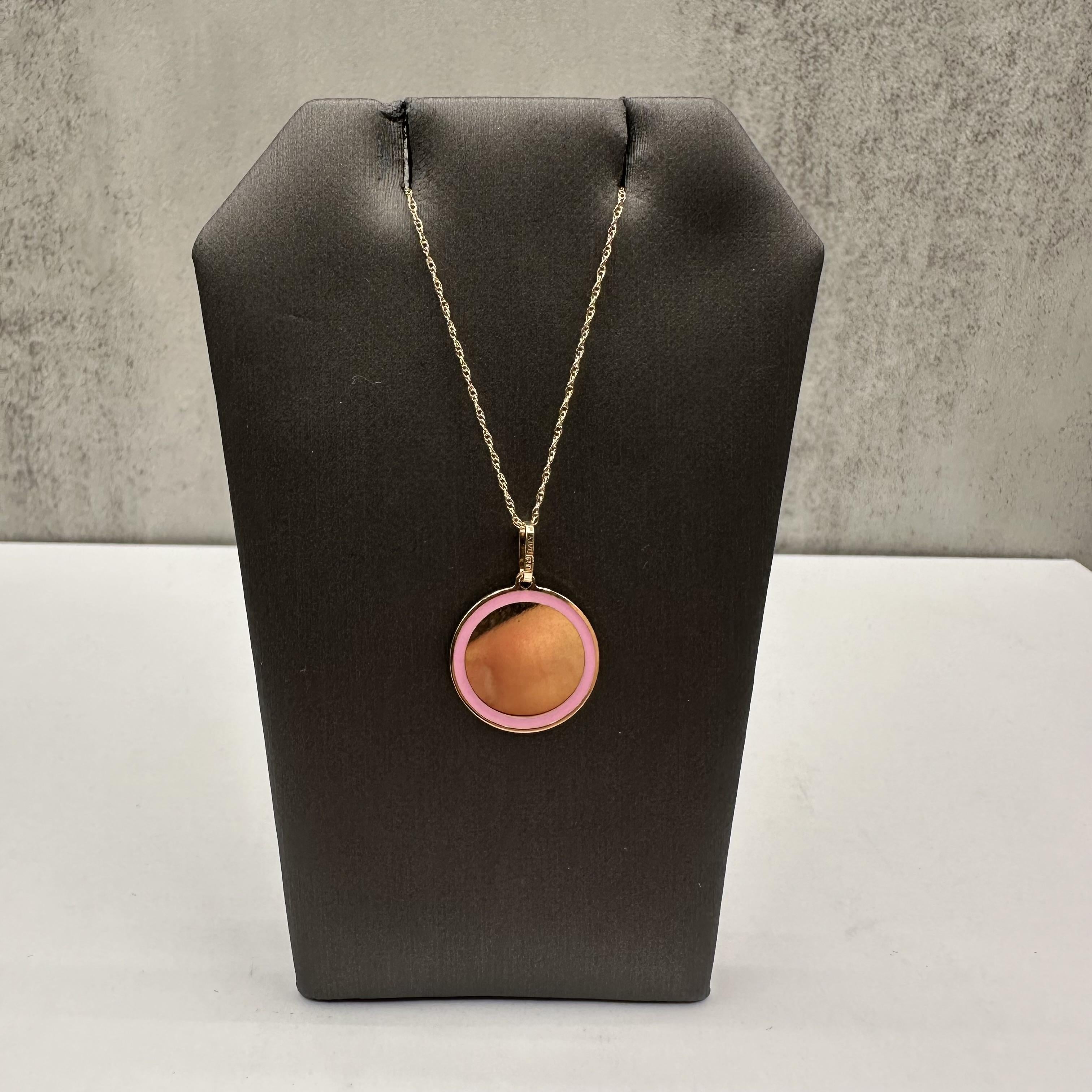 Pink Enamel Disc Necklace 14K Yellow Gold 18in 1.9g