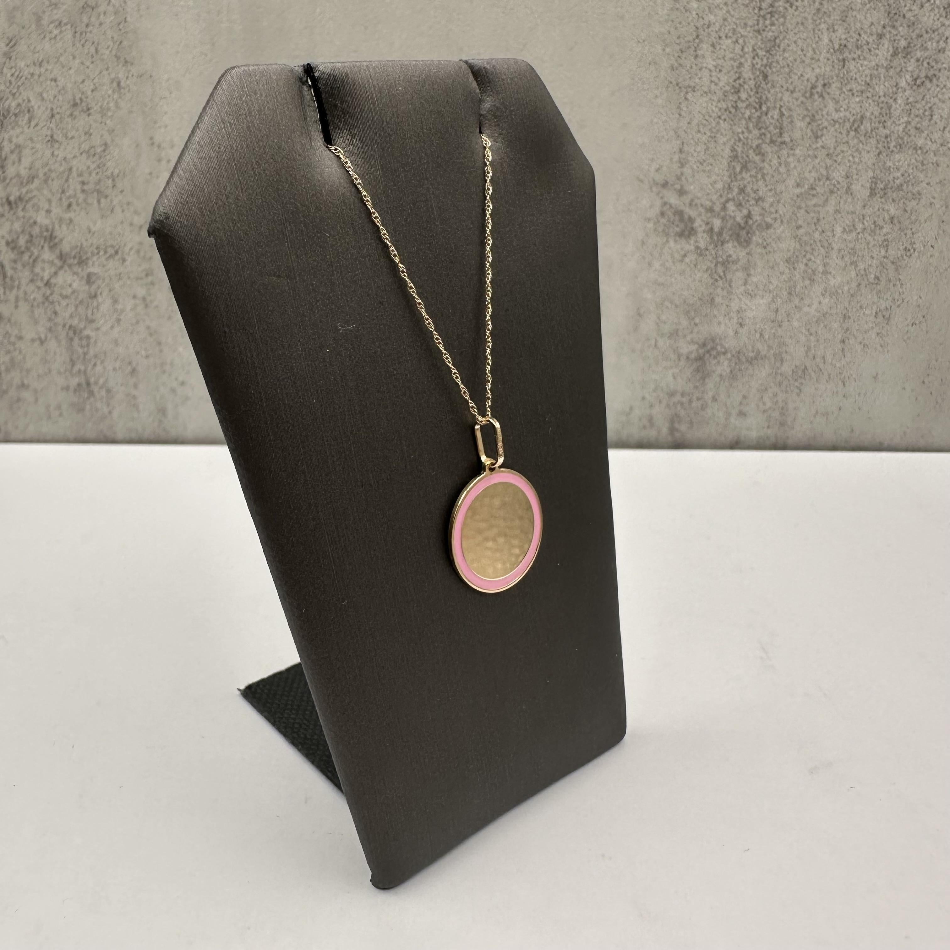 Pink Enamel Disc Necklace 14K Yellow Gold 18in 1.9g