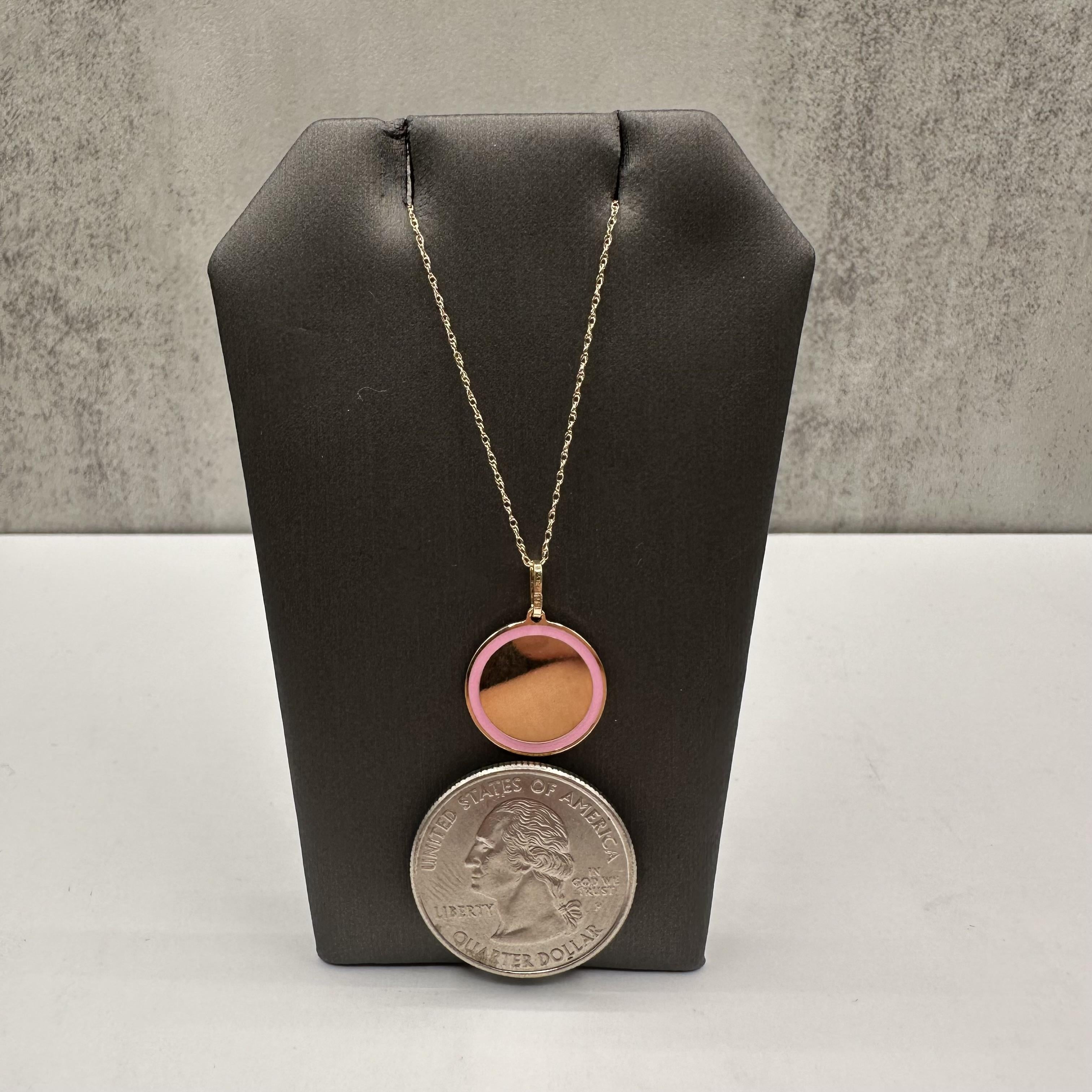 Pink Enamel Disc Necklace 14K Yellow Gold 18in 1.9g