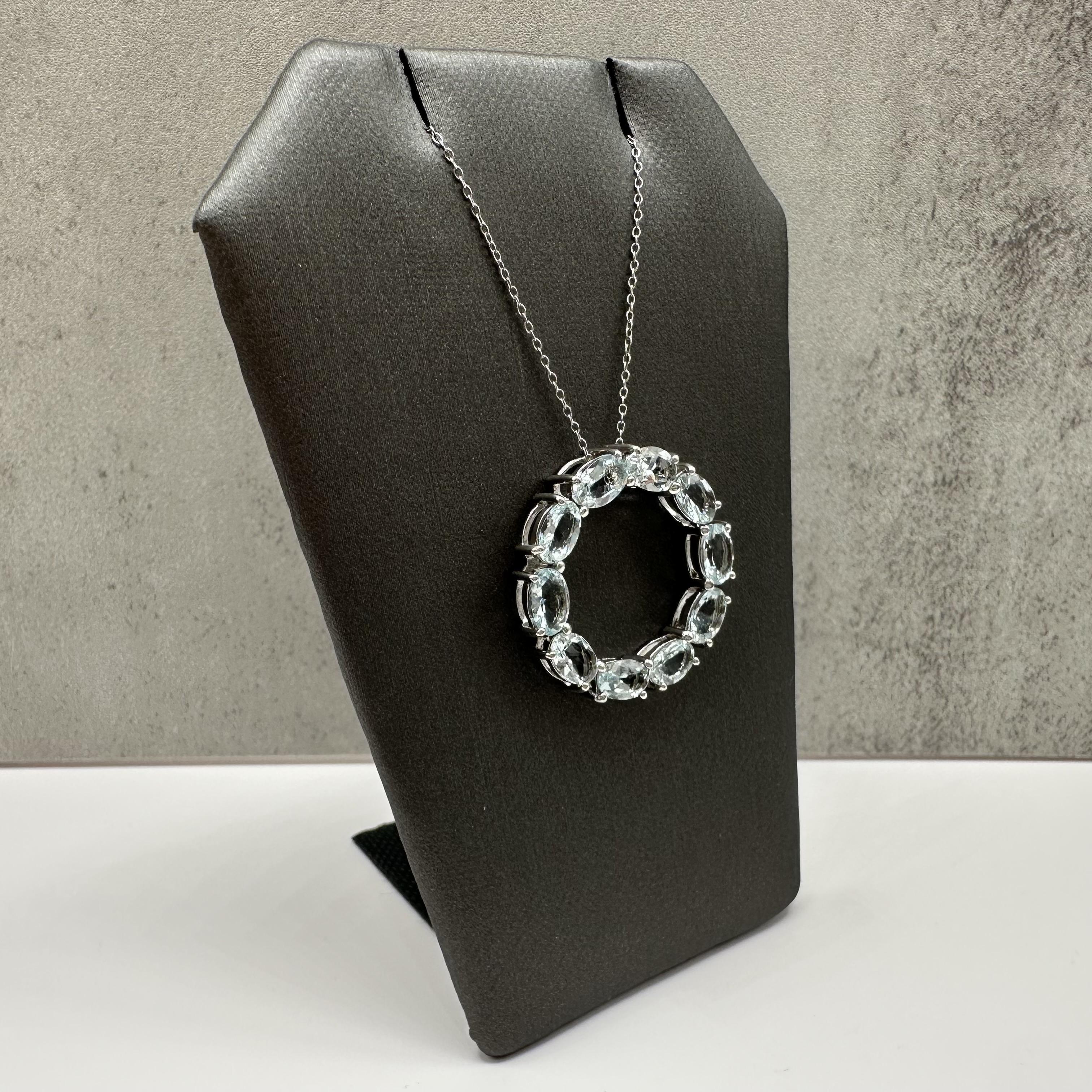 Aquamarine Circle Necklace Sterling Silver Oval 18in New