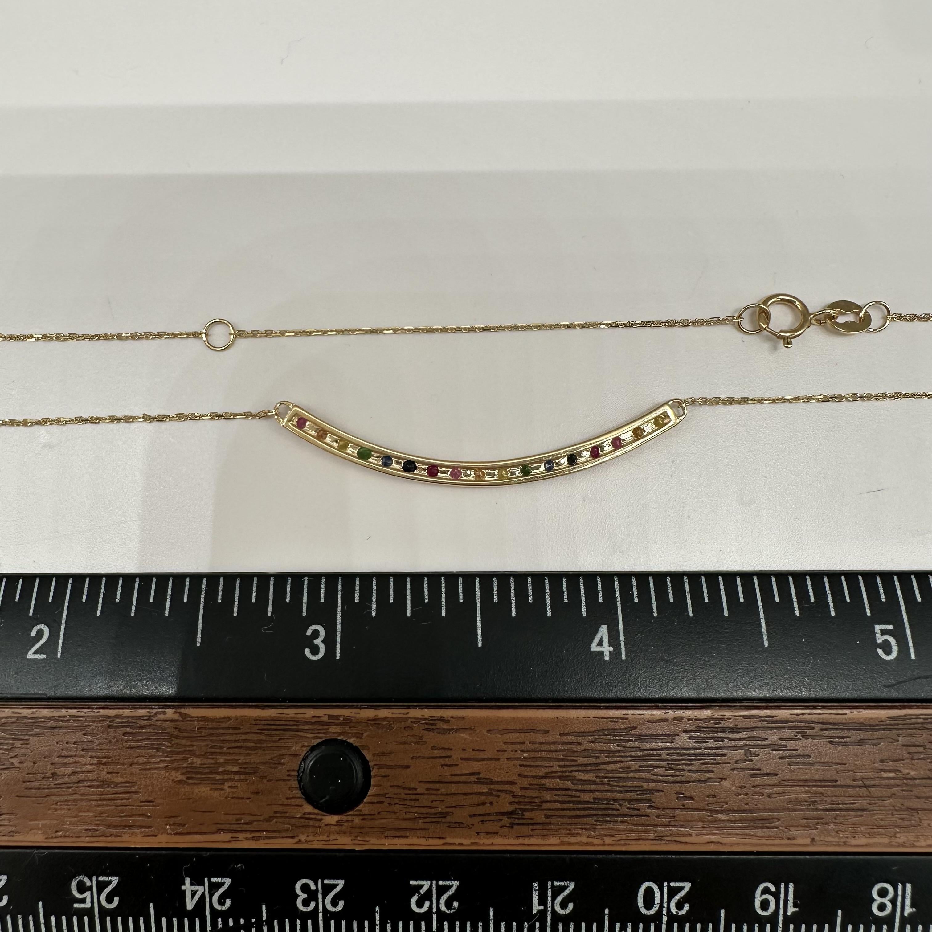 Rainbow Gemstone Bar Necklace 14kt Yellow Gold 0.72ctw Adjustable New