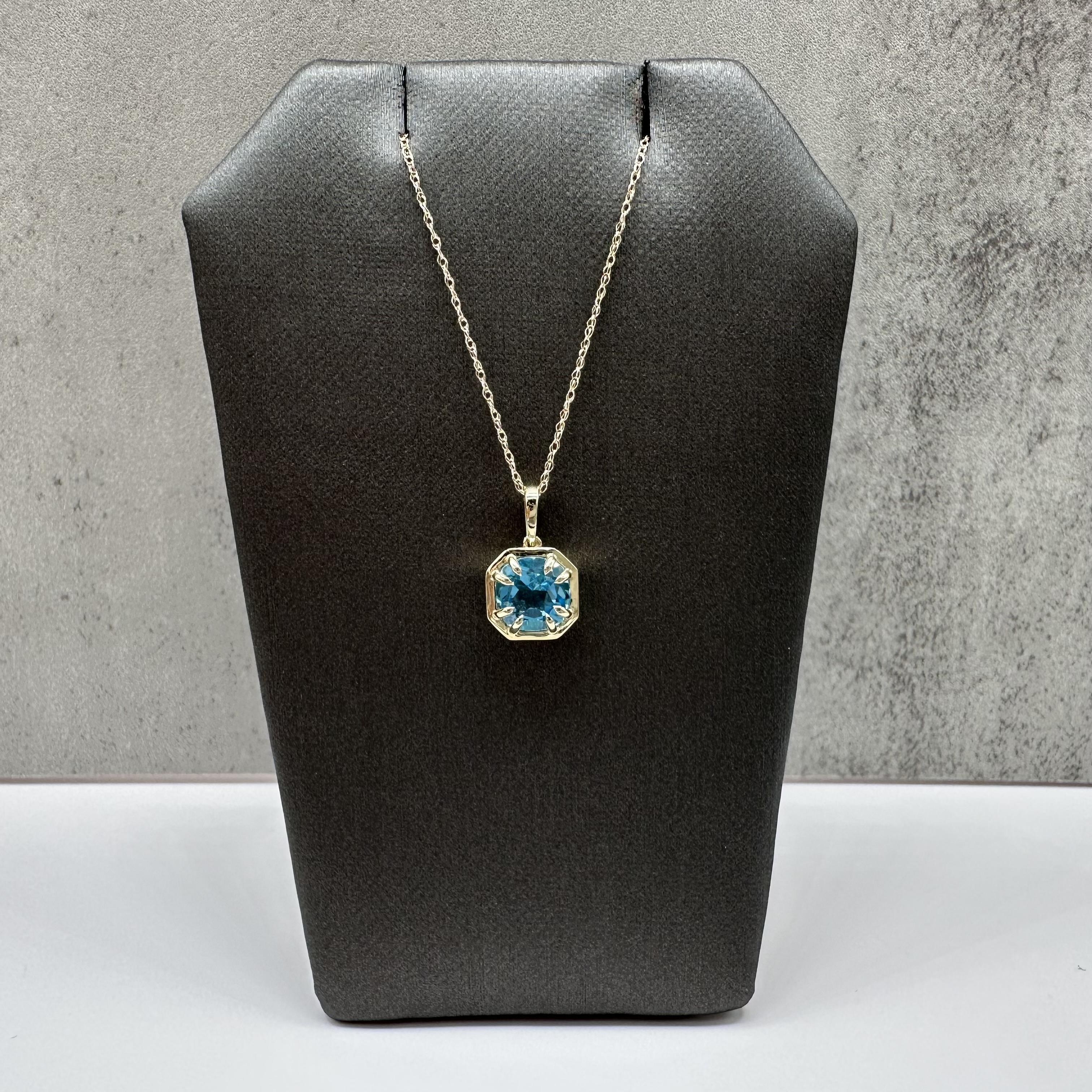 Blue Topaz Claw Set Necklace 10kt Yellow Gold 1.70ctw Cushion New