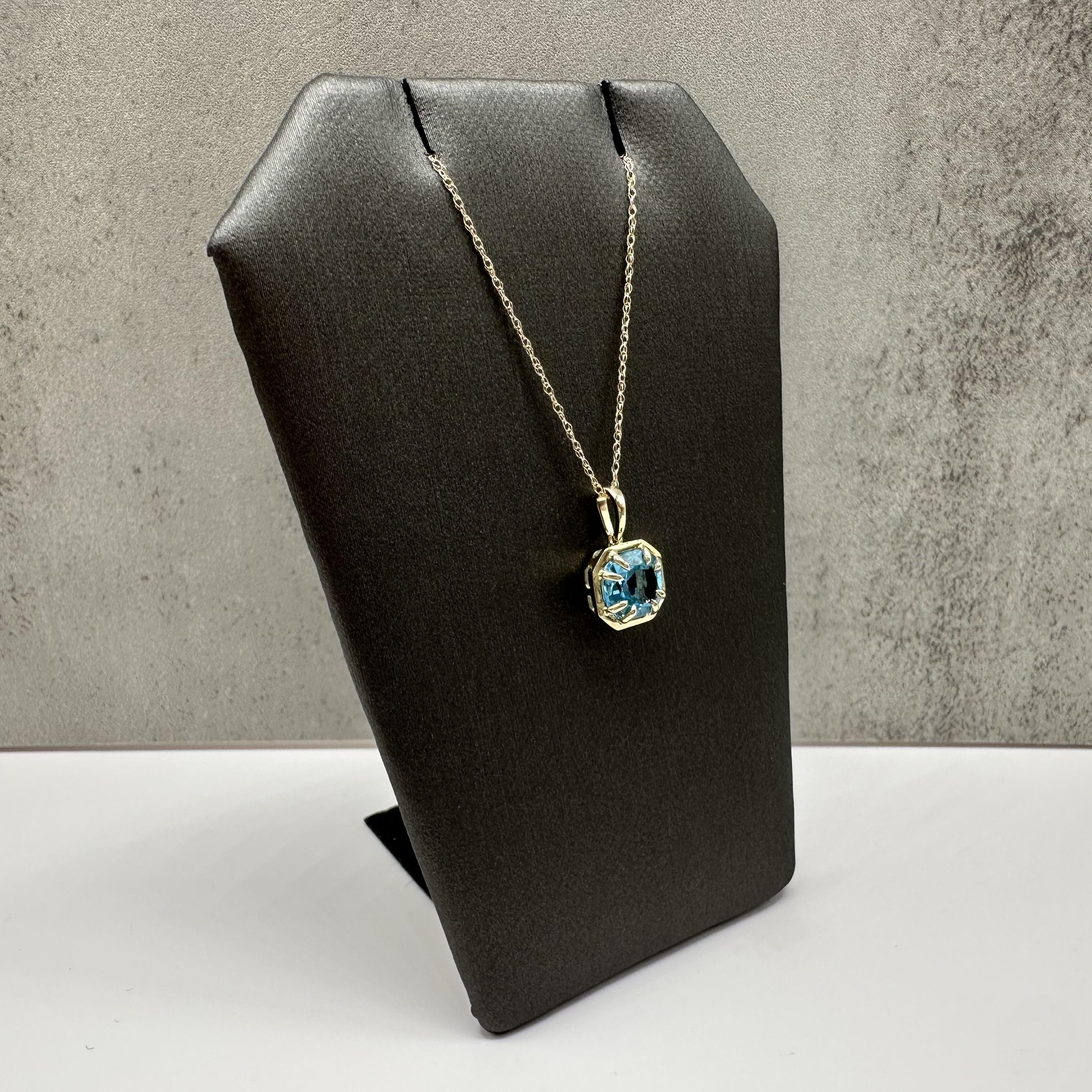 Blue Topaz Claw Set Necklace 10kt Yellow Gold 1.70ctw Cushion New
