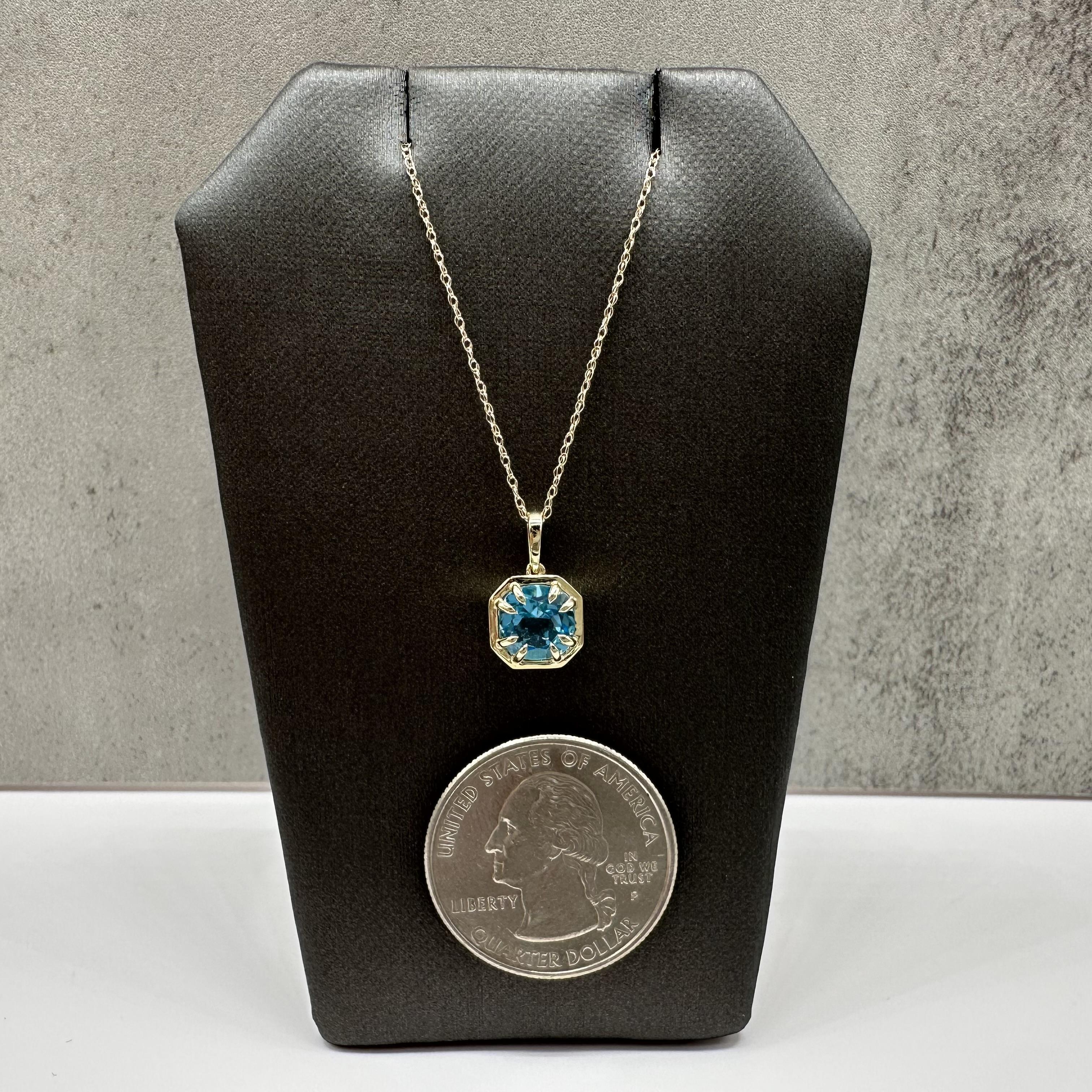 Blue Topaz Claw Set Necklace 10kt Yellow Gold 1.70ctw Cushion New