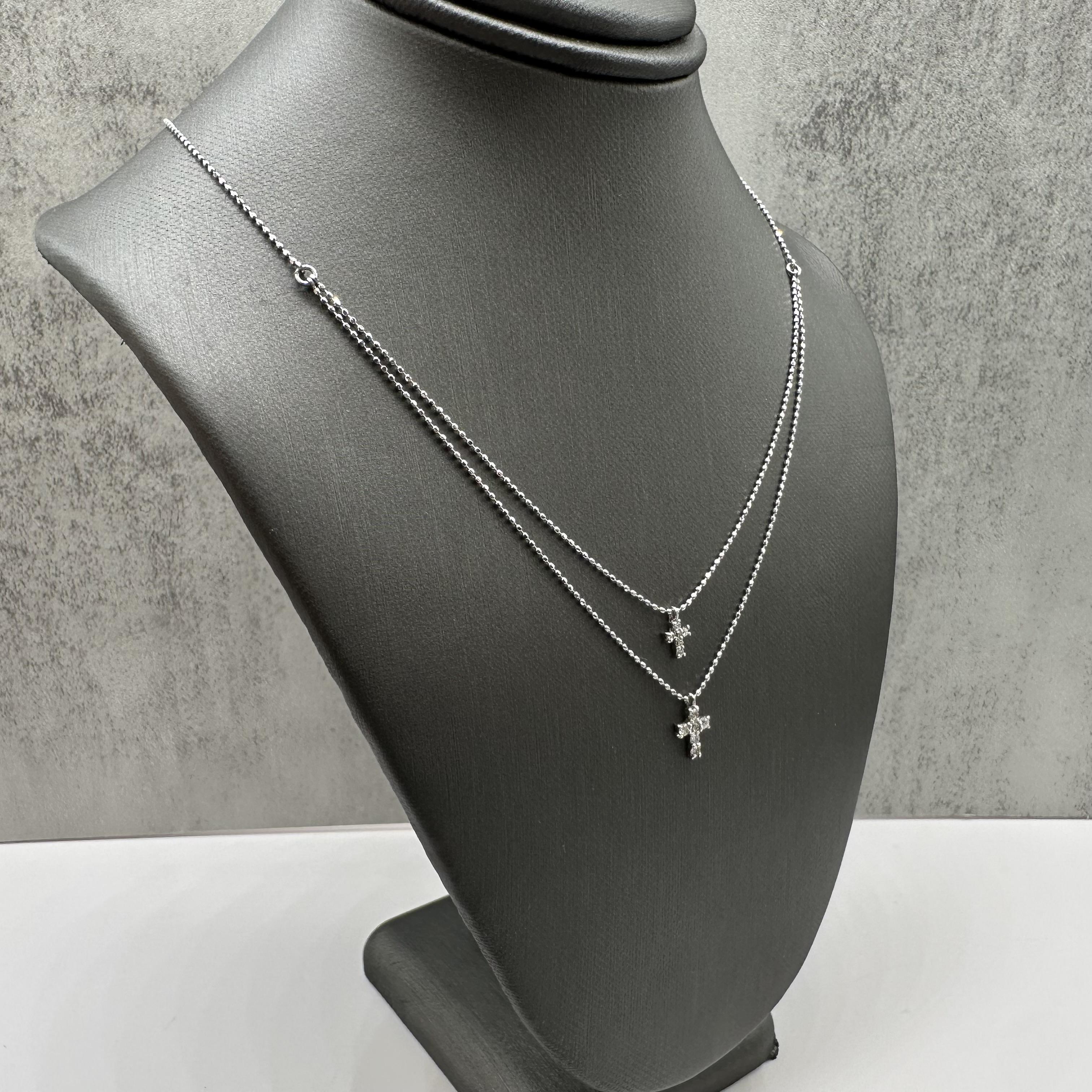 Diamond Double Cross Layering Necklace 18kt White Gold 0.20ctw New