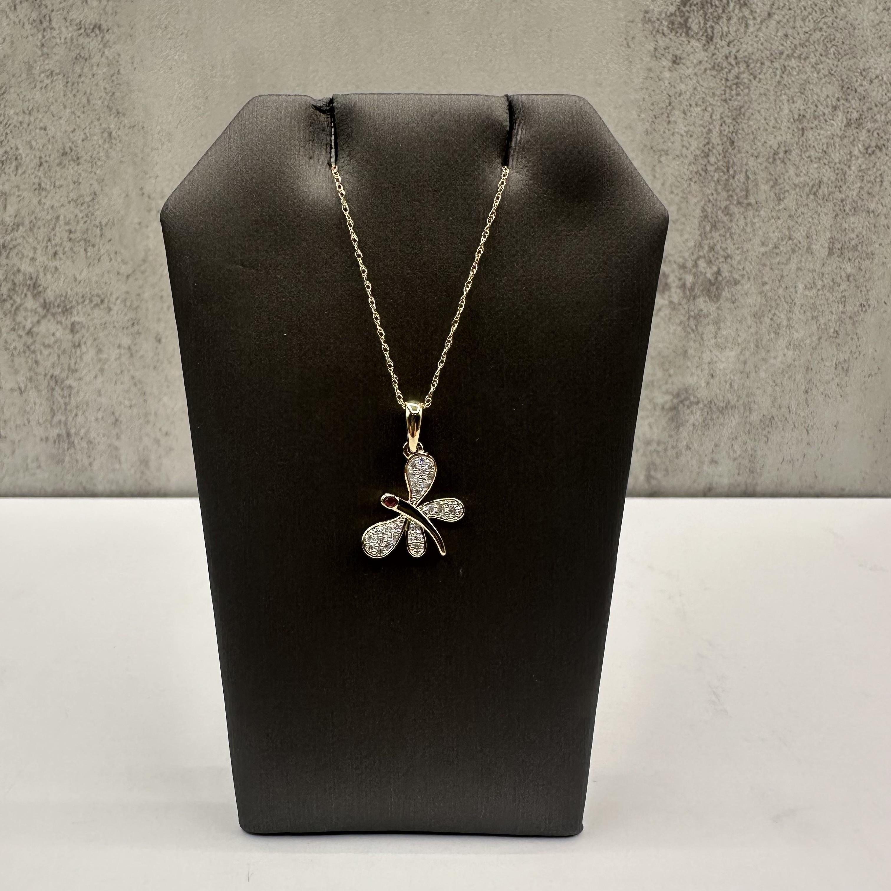 Diamond and Ruby Dragonfly Necklace in 10kt Yellow Gold – 0.15ctw Diamonds, New