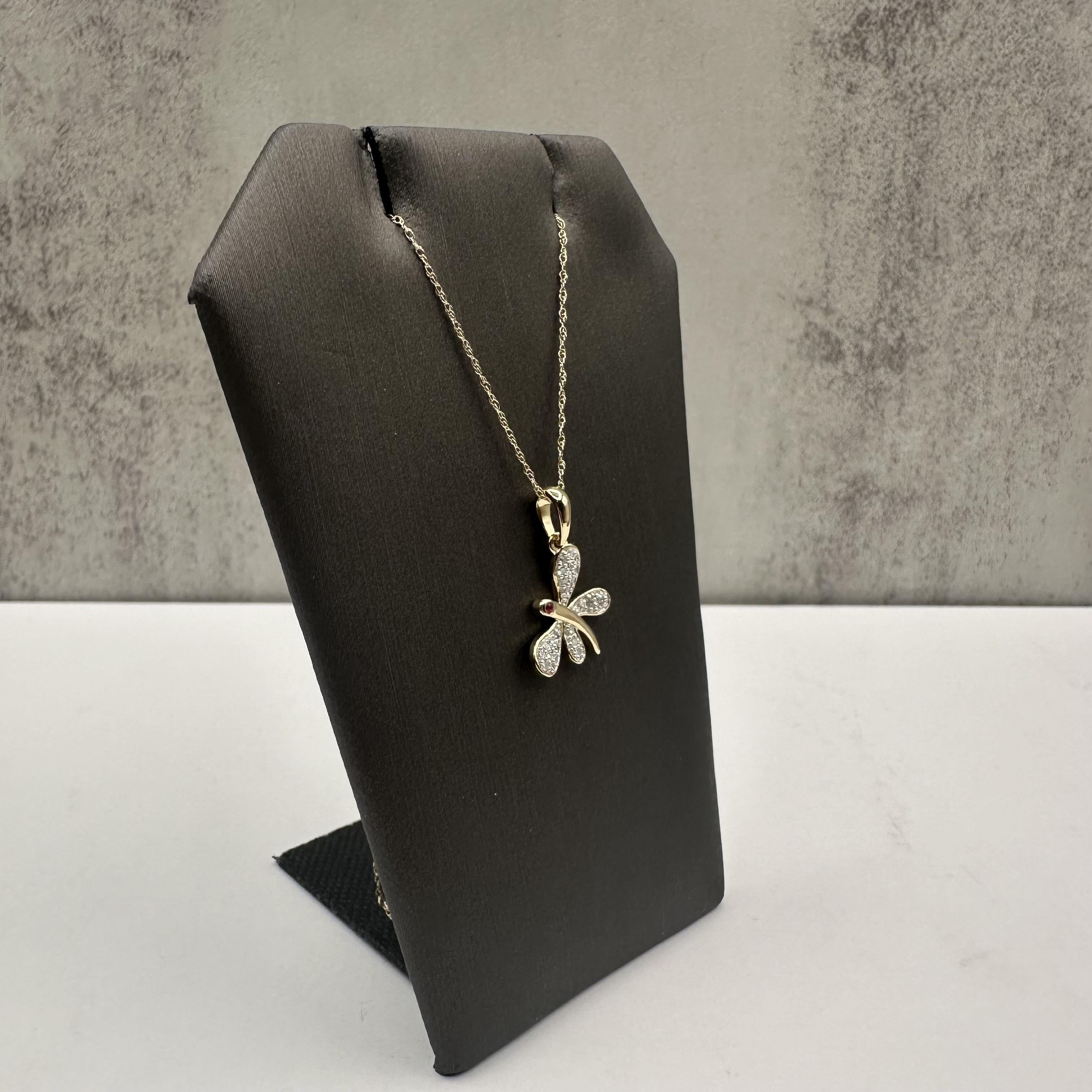 Diamond and Ruby Dragonfly Necklace in 10kt Yellow Gold – 0.15ctw Diamonds, New