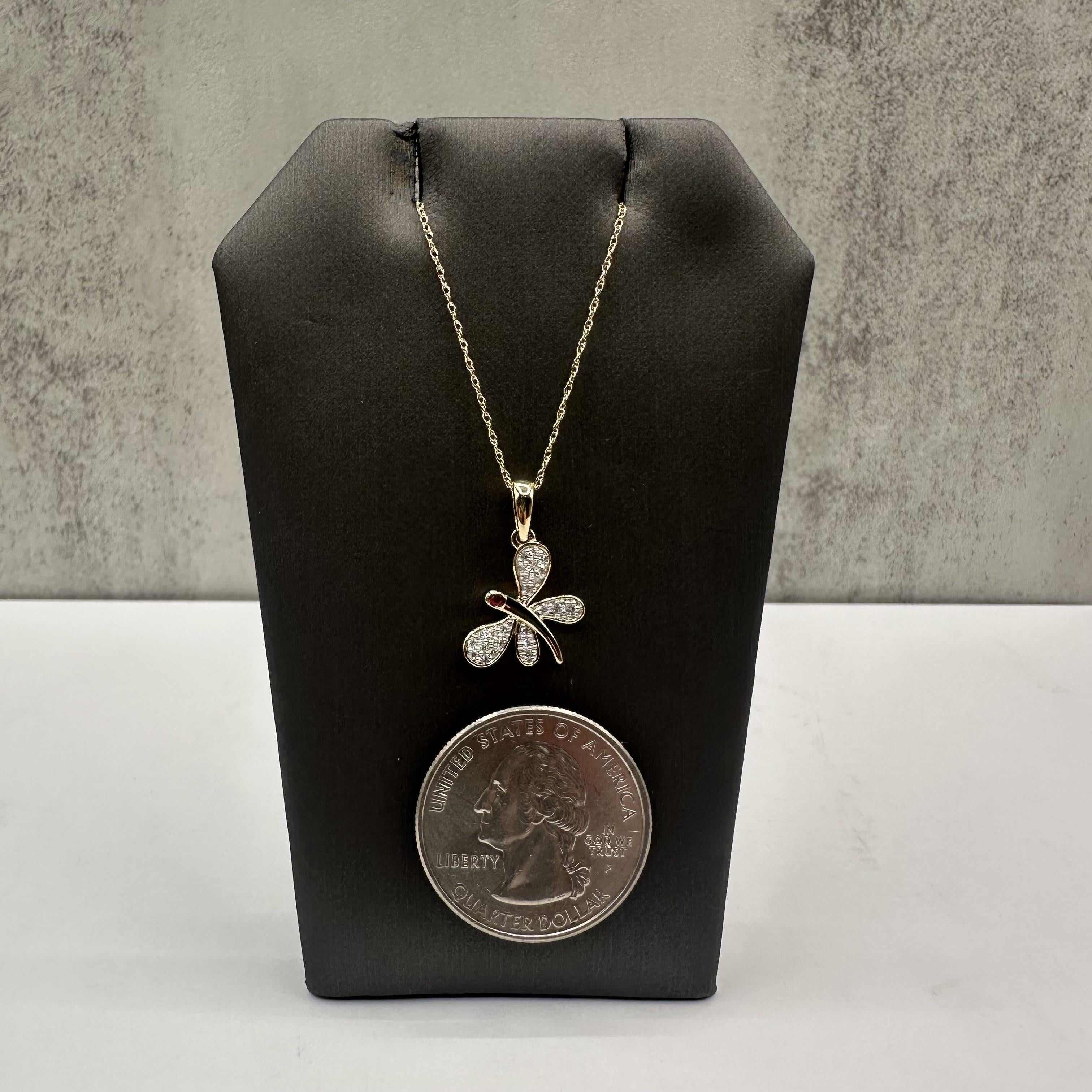 Diamond and Ruby Dragonfly Necklace in 10kt Yellow Gold – 0.15ctw Diamonds, New