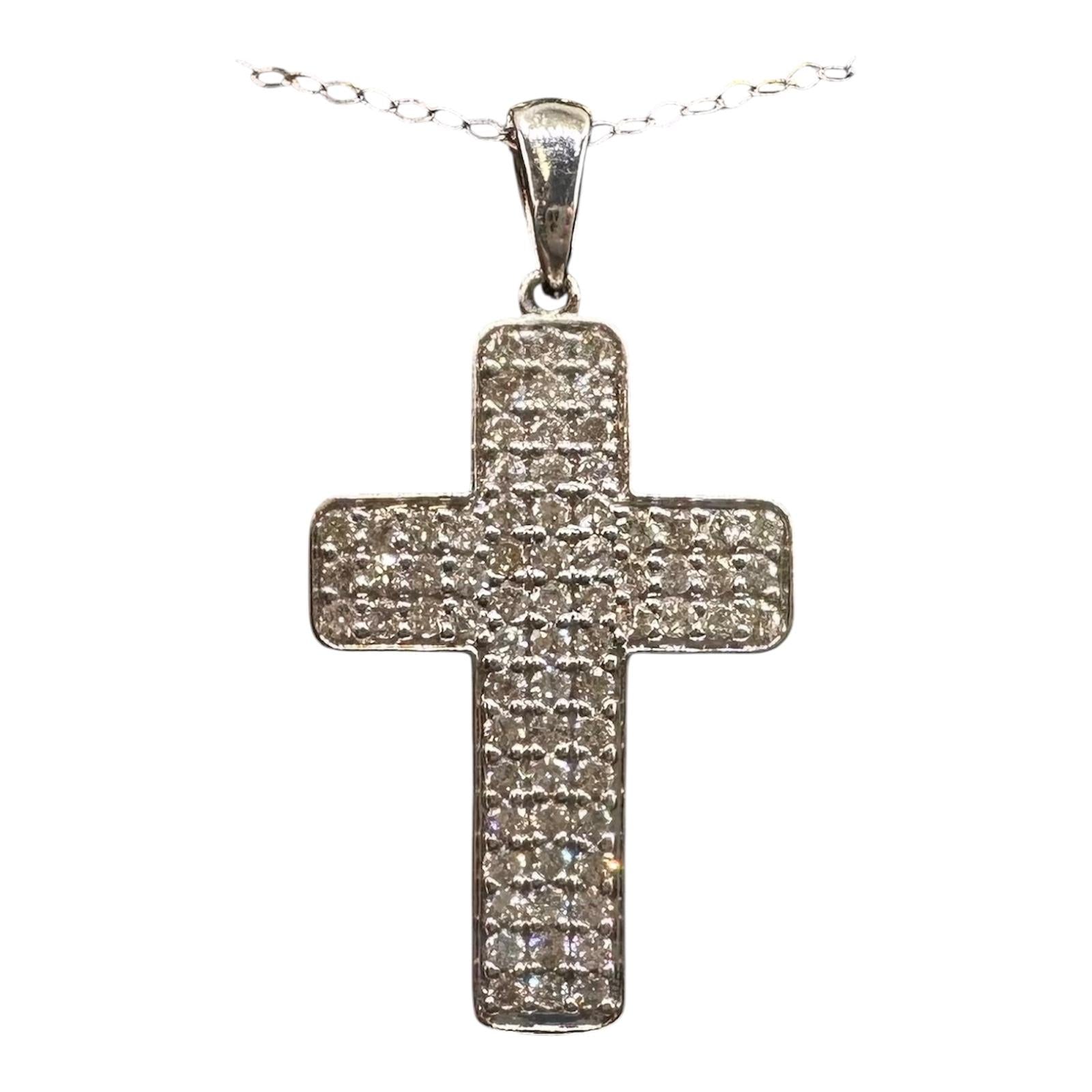 Pavé Natural Diamond Cross Necklace in 14kt White Gold – 1.03ctw, 18in, New