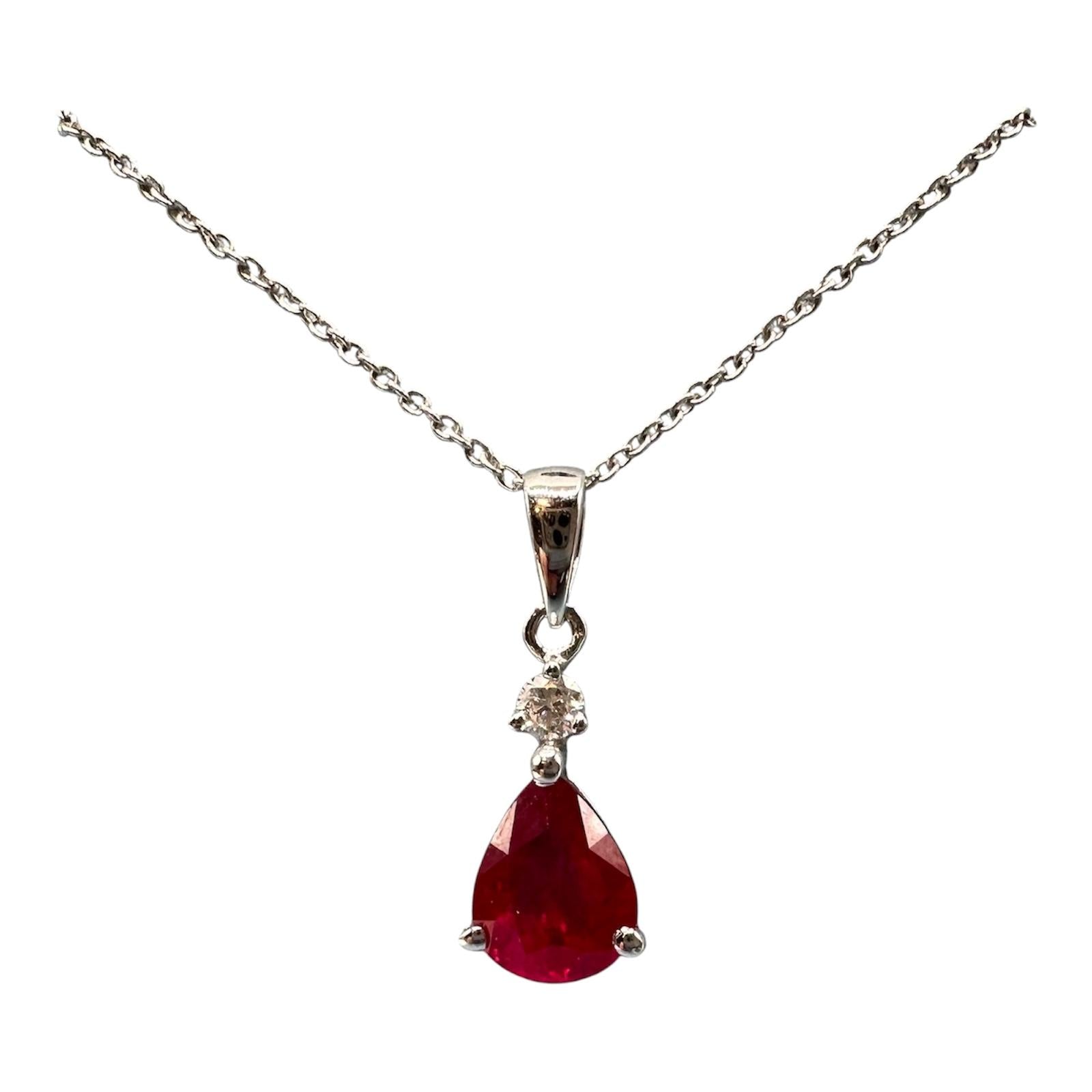 Appraised Ruby and Diamond Necklace in 18kt White Gold - 1.22ctw Pear Ruby, New