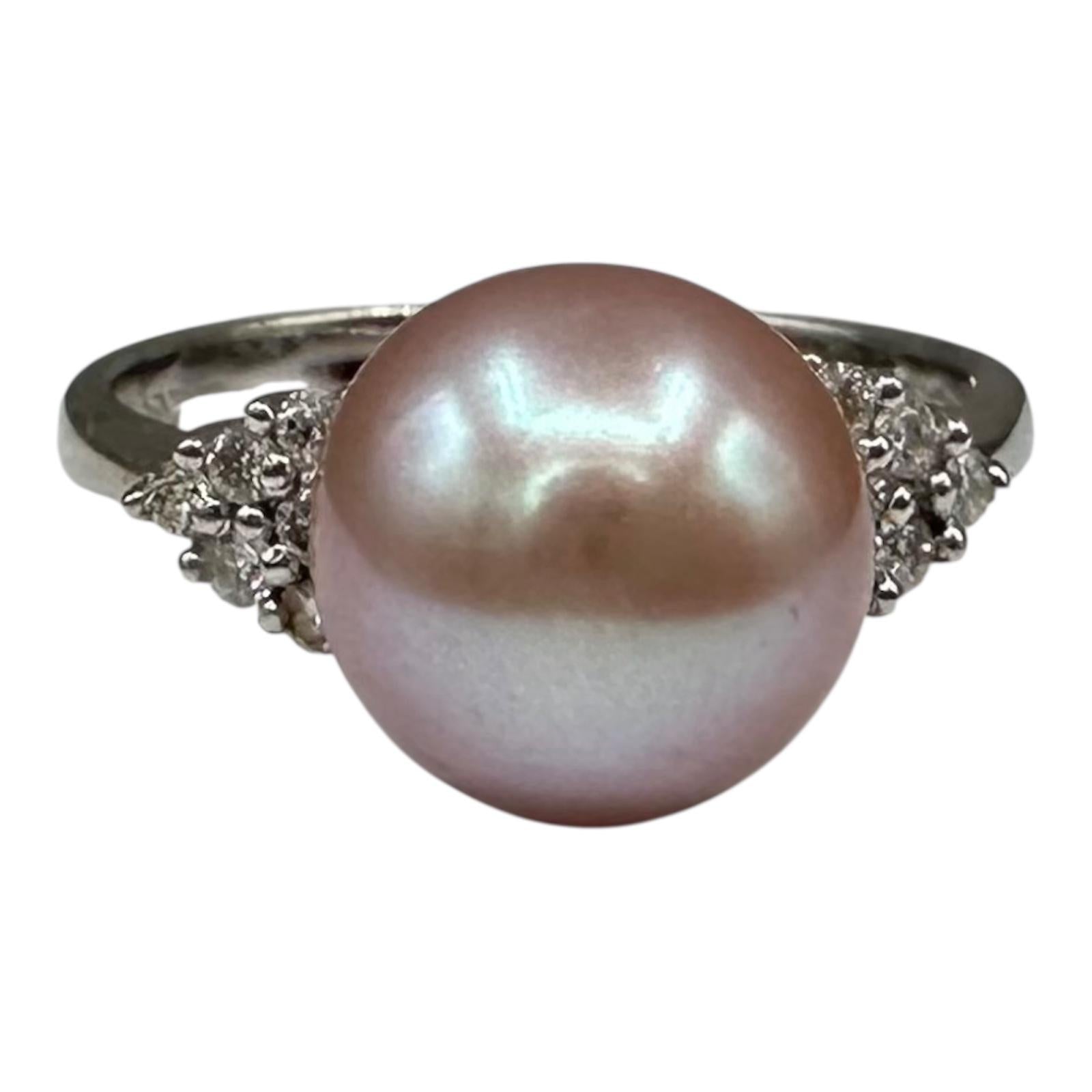 18K White Gold Pink Pearl Diamond Ring 0.20ct GH SI Size 6.75