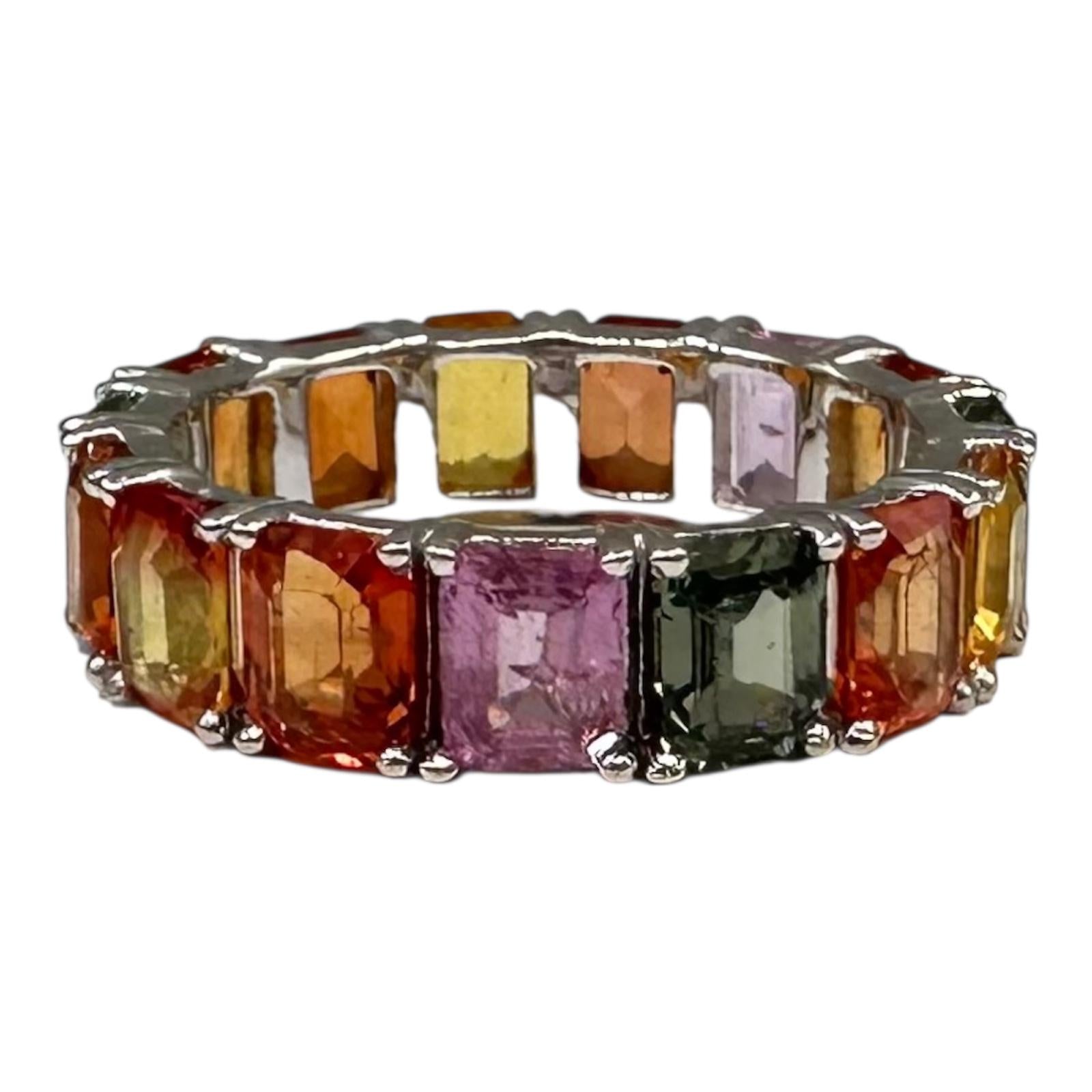 18K White Gold Emerald Cut Multi Sapphire Eternity Ring 7.5ct Sz 6.75