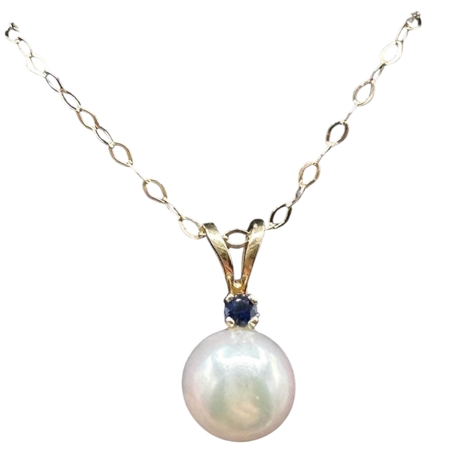 14K Yellow Gold Pearl Sapphire Necklace 6.7mm 18 Inch