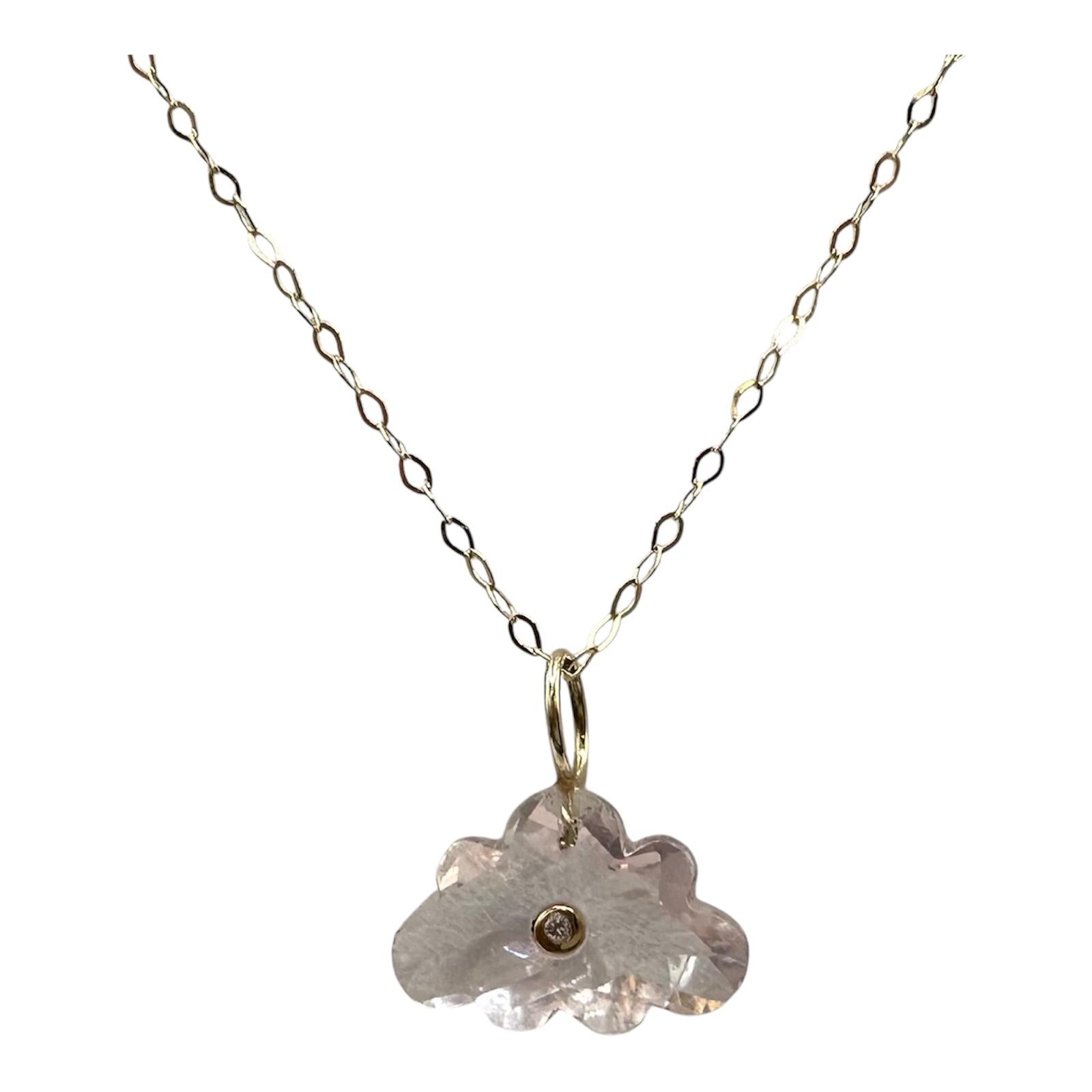 14K Yellow Gold Rose Quartz Diamond Cloud Necklace 18 Inch