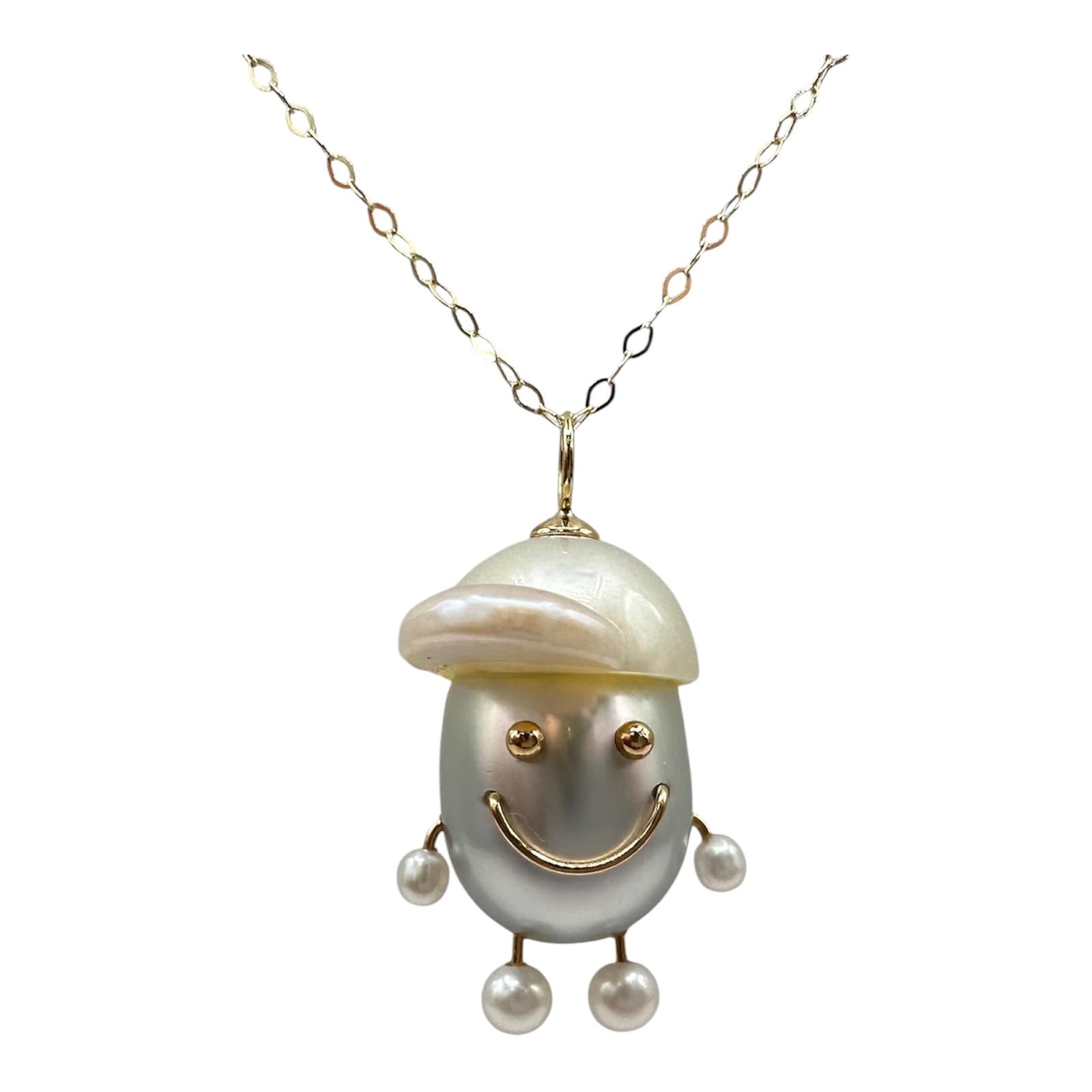 Yellow Gold Pearl Charm Necklace 18K Pendant 14K Chain 18 Inch