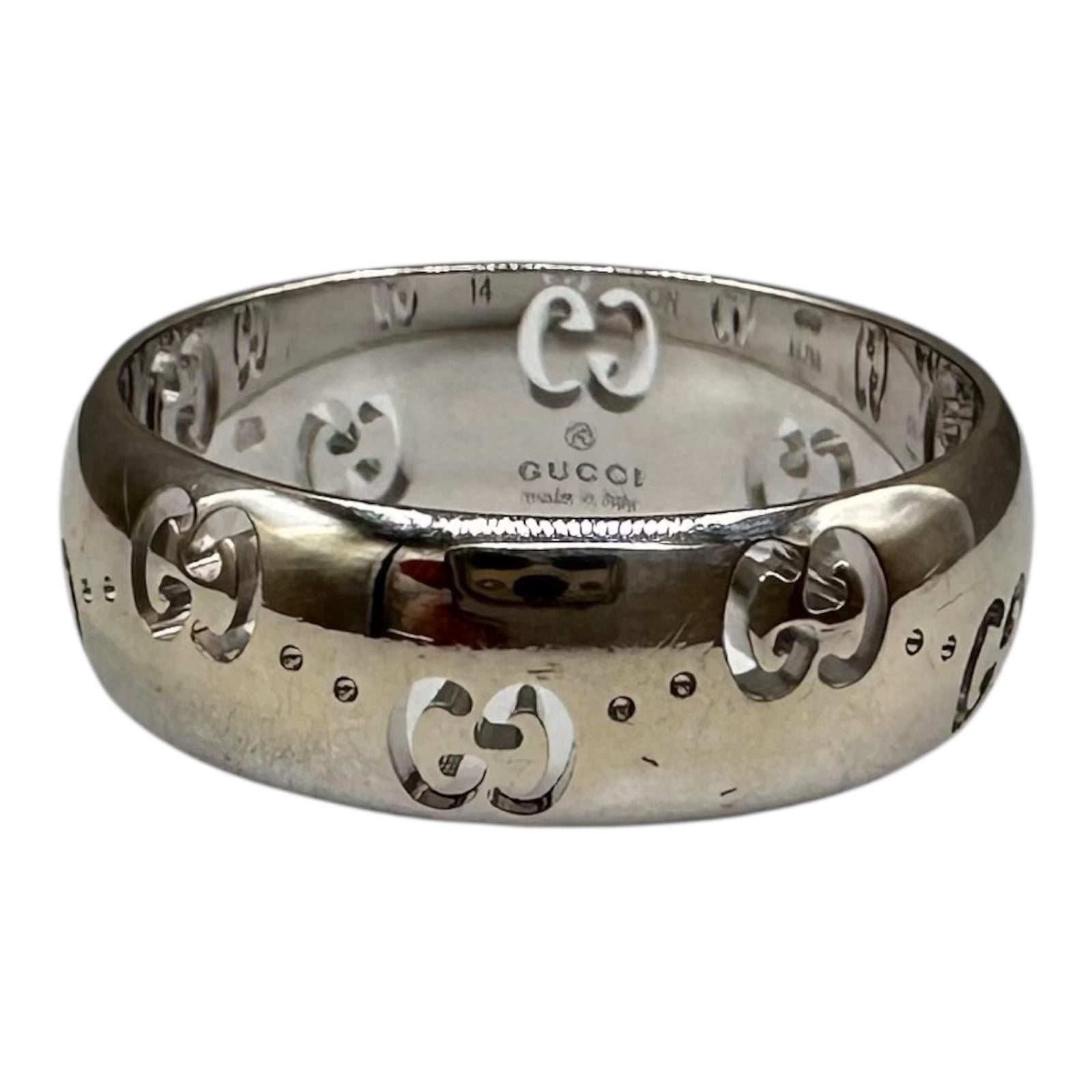 Gucci Icon 18K White Gold GG Wide Ring 6mm Size 6.75